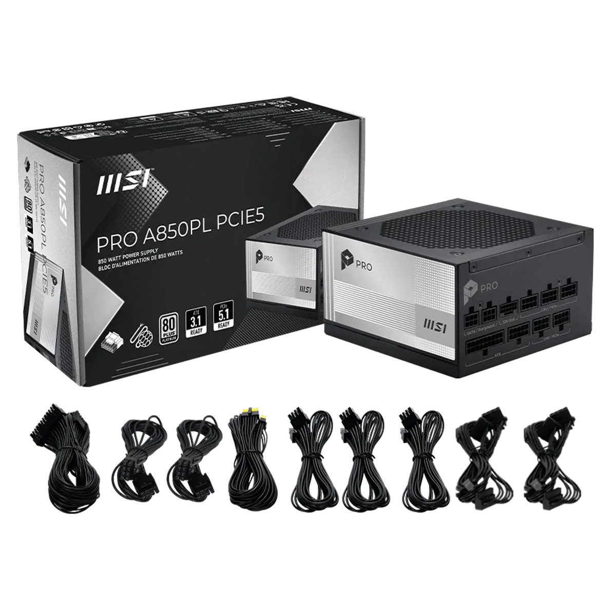 Fonte MSI PRO A850PL PCIE5, 850W, 80 Plus Platinum, Cybenetics Platinum, ATX 3.1, PFC Ativo, Full Modular, Preto, PROA850PL