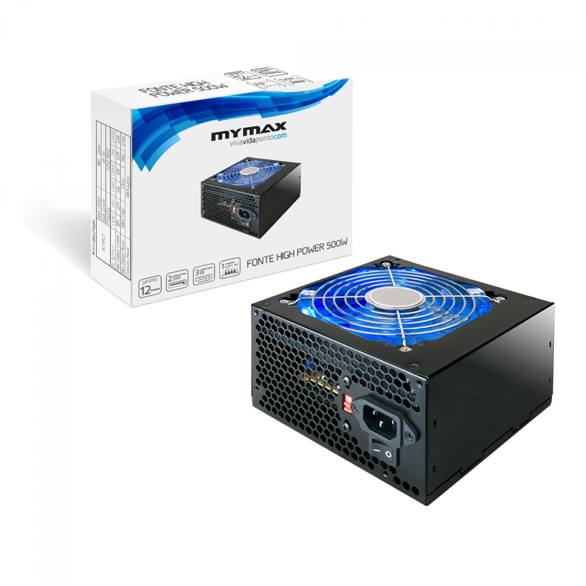 Fonte MyMax ATX 500W MPSU/FP500, 24 Pinos, 2 Sata High Power, LED
