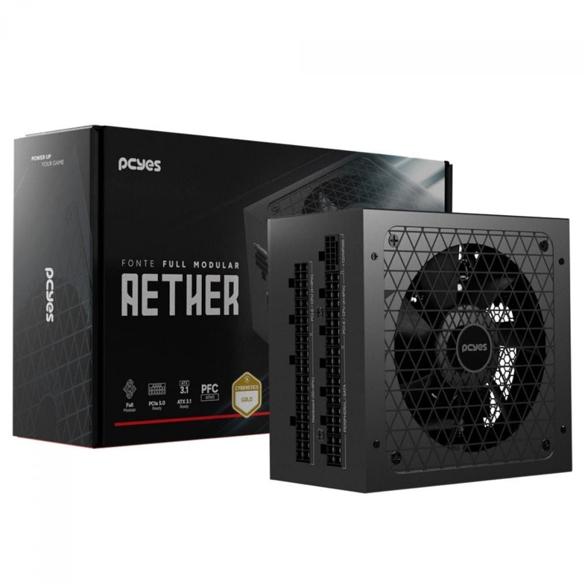 Fonte PCYes Aether, 1000W, Cybenetics Gold, PFC Ativo, PCIe 5.0, ATX 3.1, Full Modular, Preto, 1000WFMG
