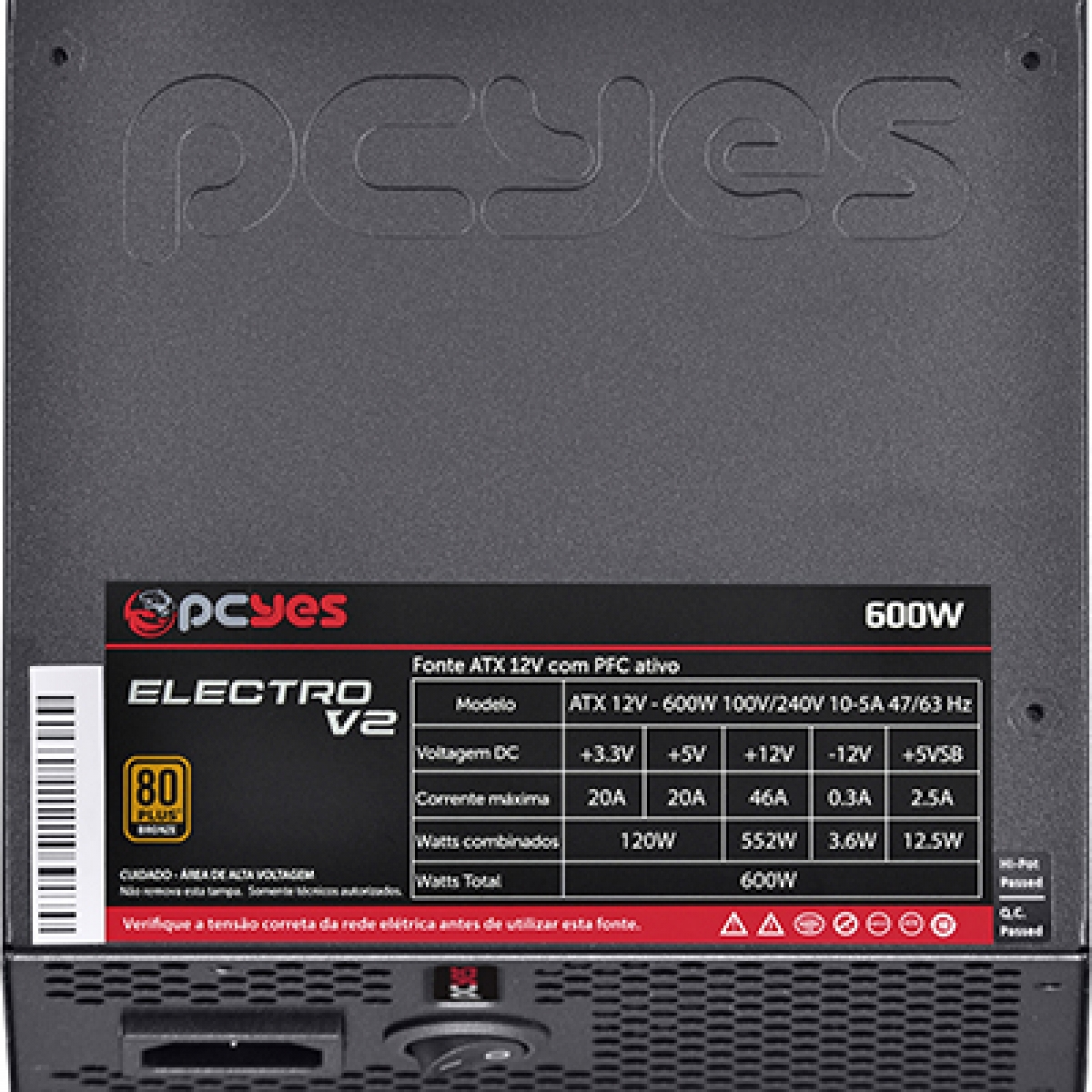 Fonte PCYES Electro V2, 600W, 80 Plus Bronze, PFC Ativo, ELECV2PTO600W