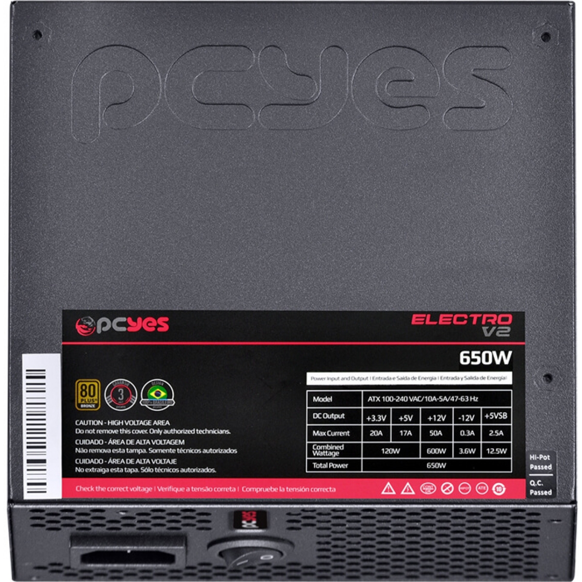 Fonte PCYES Electro V2 650W, 80 Plus Bronze, PFC ATIVO, ELECV2PTO650W