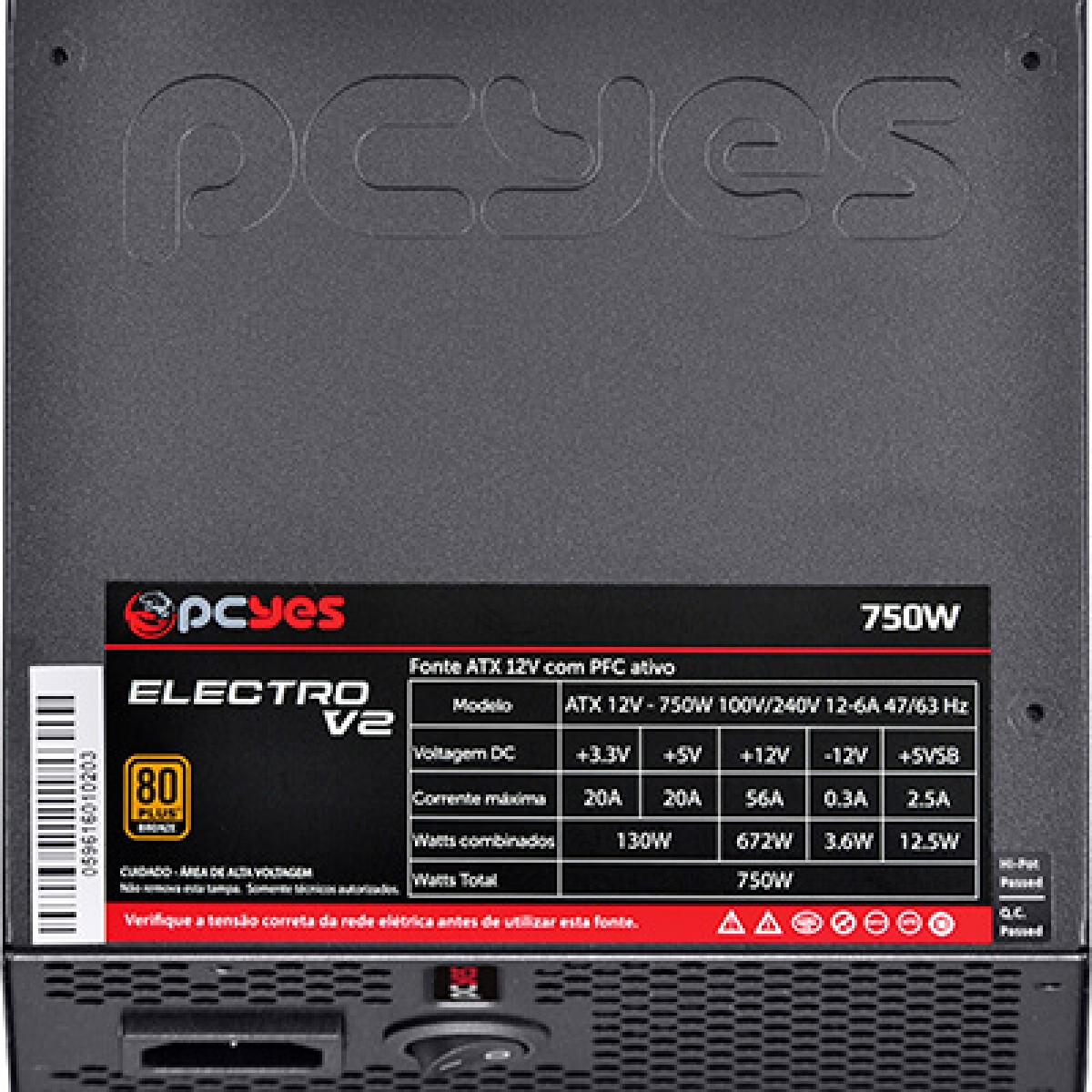Fonte PCYES Electro V2 750W, 80 Plus Bronze, PFC Ativo, ELECV2PTO750W