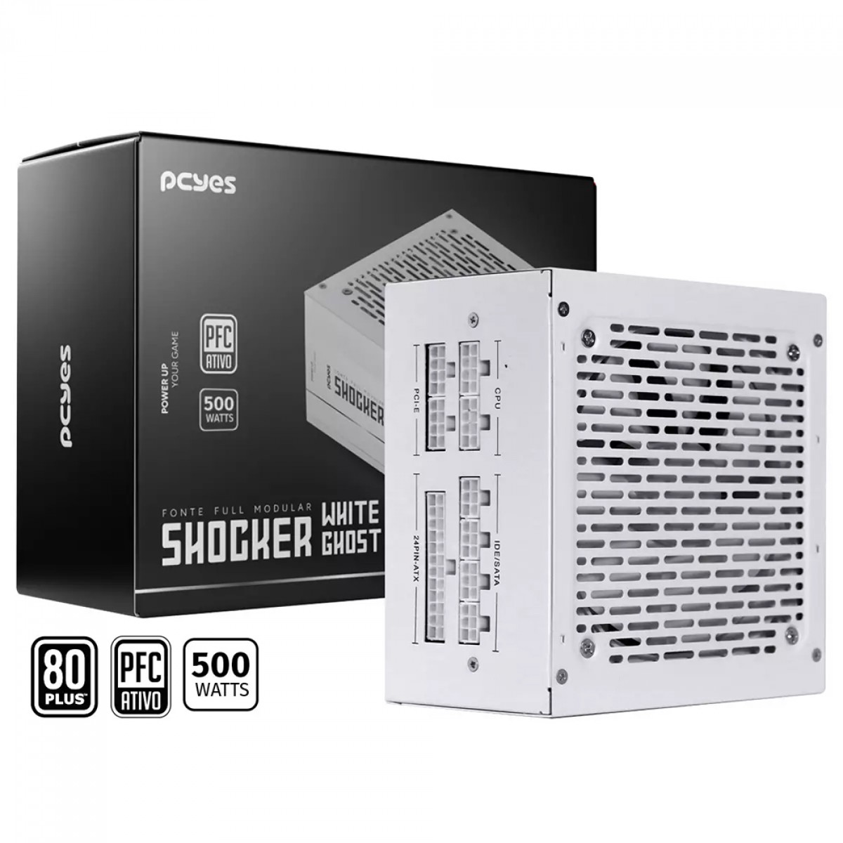 Fonte PCYES Shocker White Ghost, 500W, Full Modular, 80 Plus White, Branca, FM500WWG