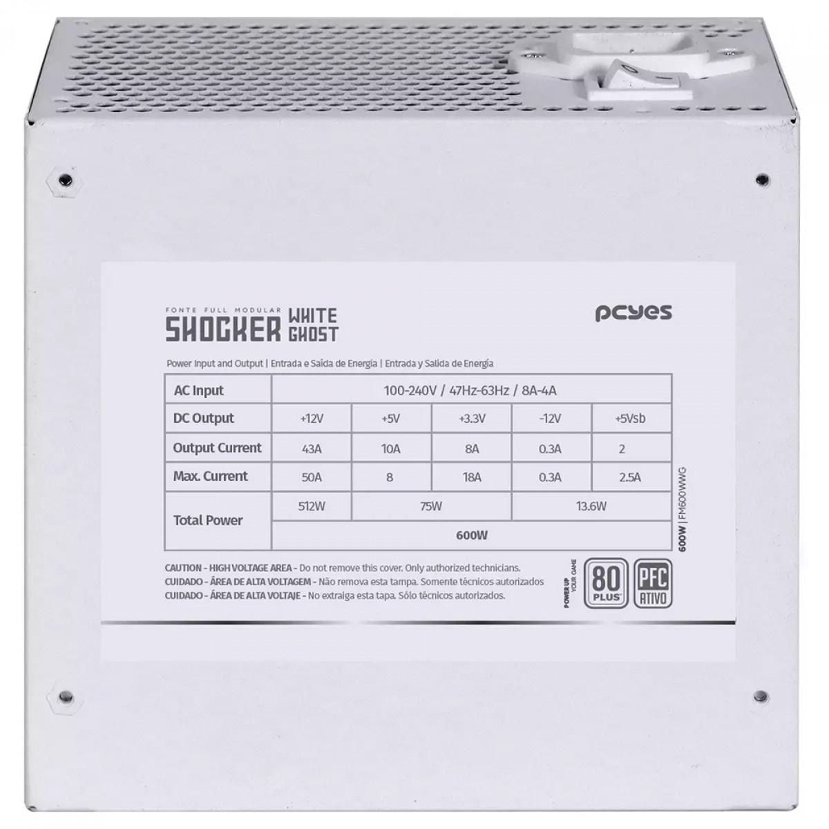 Fonte PCYES Shocker White Ghost, 600W, Full Modular, 80 Plus White, Branca, FM600WWG