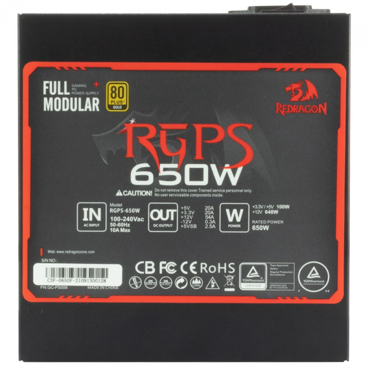 Fonte Redragon RGPS 650W, 80 Plus Gold, PFC Ativo, Full Modular, GC-PS008