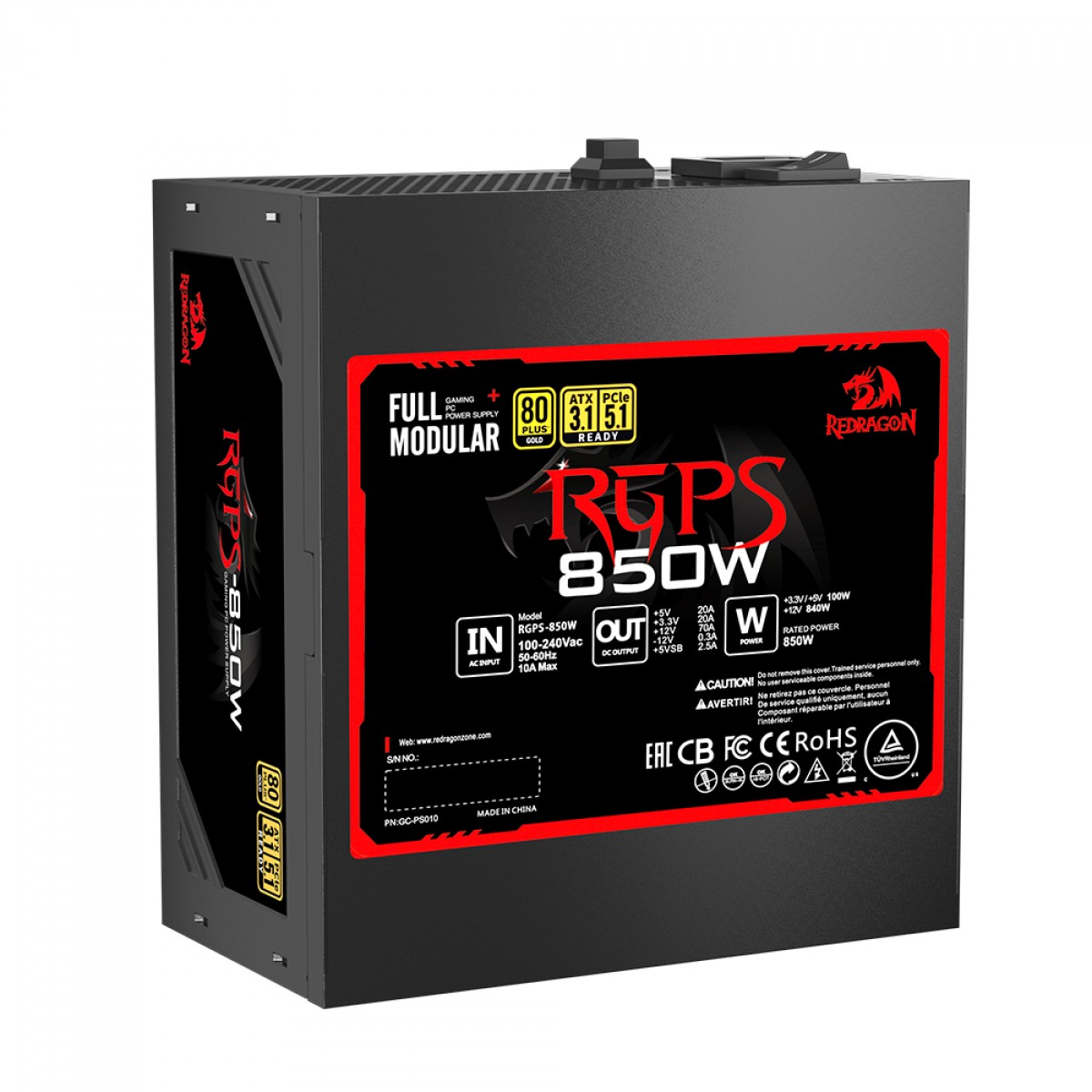 Fonte Redragon RGPS 850W, 80 Plus Gold, PFC Ativo, PCIe 5.1, ATX 3.1, Full Modular, GC-PS010 V2 