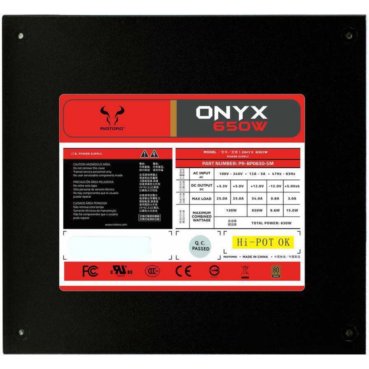 Fonte Riotoro Onyx 650W, 80 Plus Bronze, PFC Ativo, Semi Modular, PR-BP0650-SM