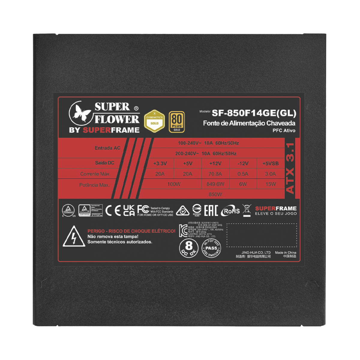 Fonte SuperFrame Leadex III Powered By Super Flower, 850W, 80 Plus Gold, Cybenetics Gold, Full Modular, ATX 3.1, SF-850F14GE