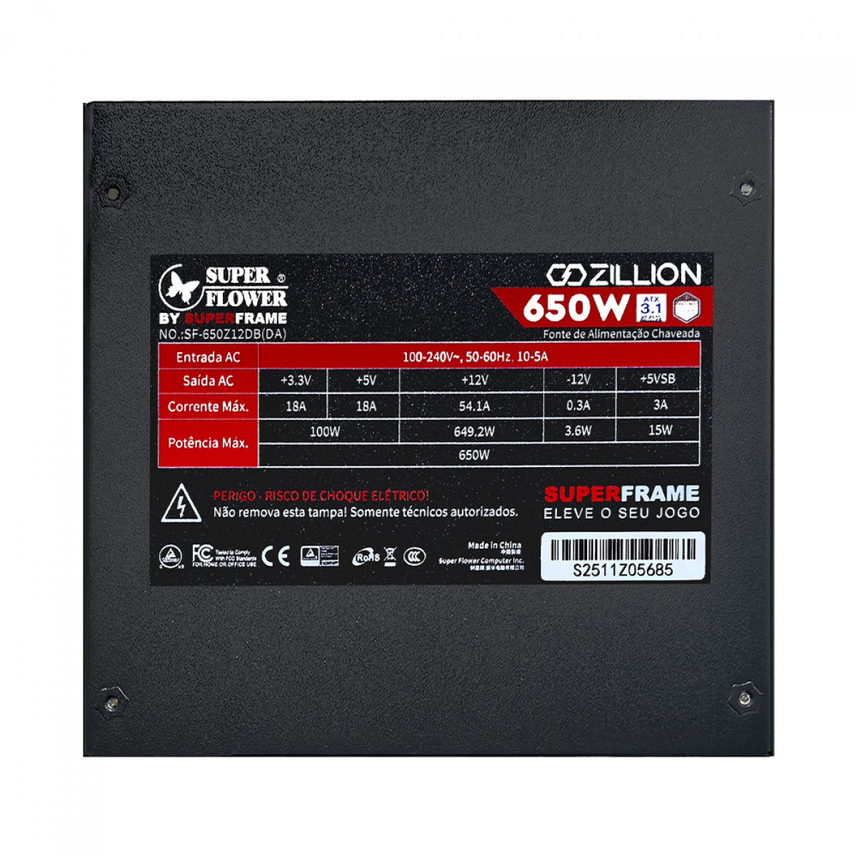Fonte SuperFrame Zillion DB Powered By Super Flower 650W, 80 Plus Bronze, ATX 3.1, Cybenetics Bronze, PFC Ativo, SF-650Z12DB(D)