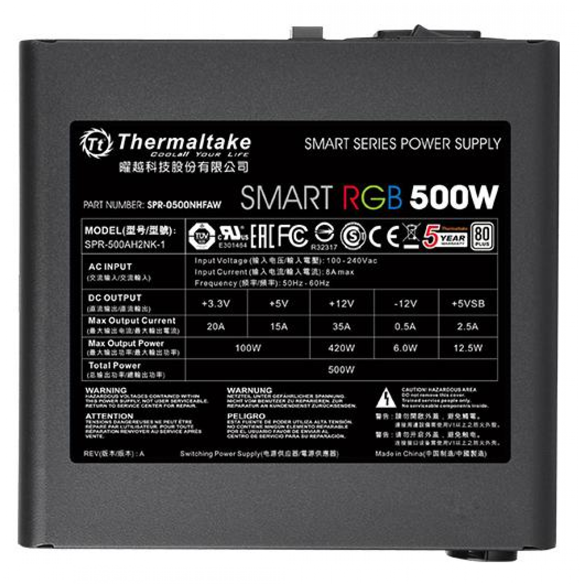Fonte Thermaltake Smart Series RGB 500W, 80 plus White, PFC Ativo, PS-SPR-0500NHFAWB-1