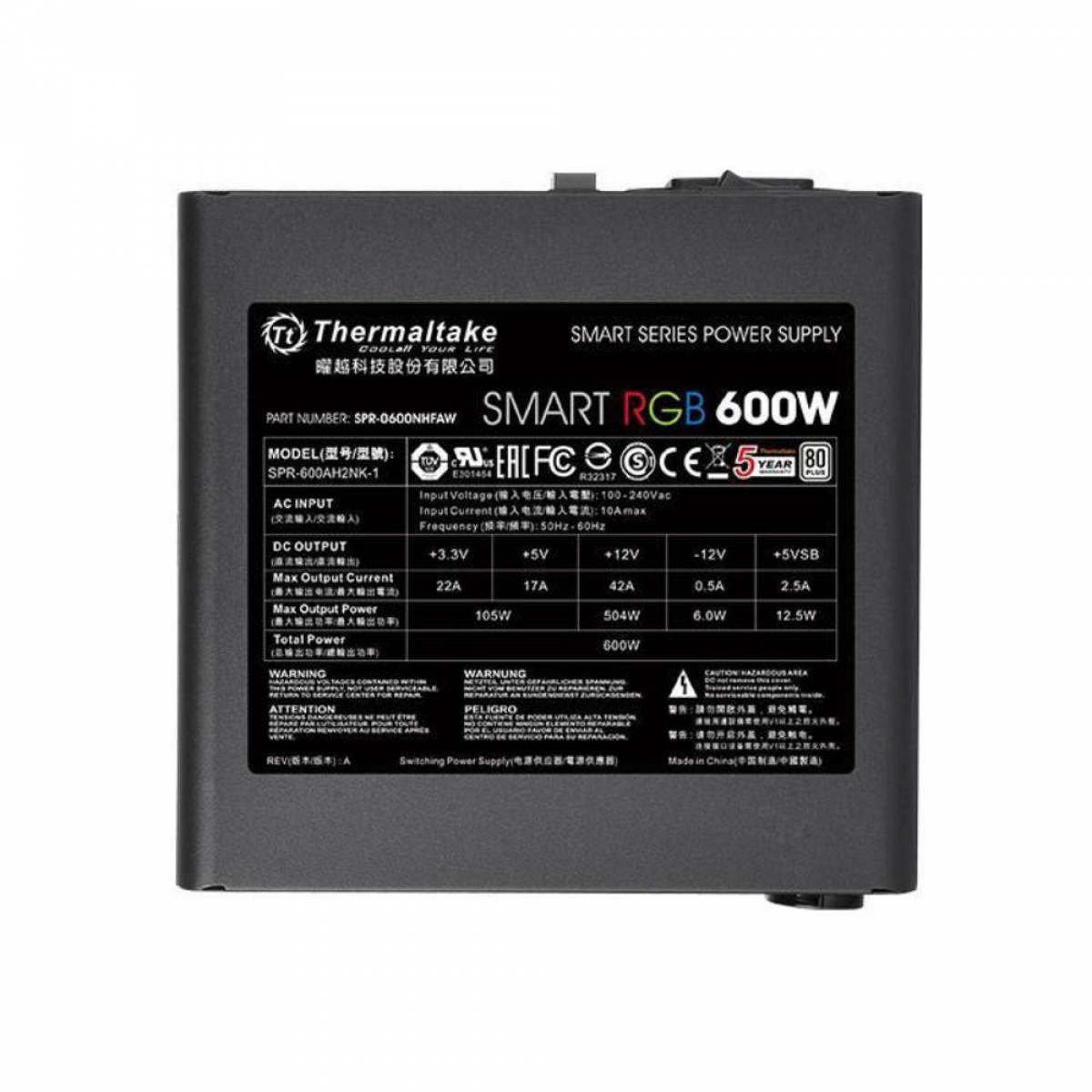 Fonte Thermaltake Smart Series RGB 600W, 80 Plus White, PFC Ativo, PS-SPR-0600NHFAWB-1