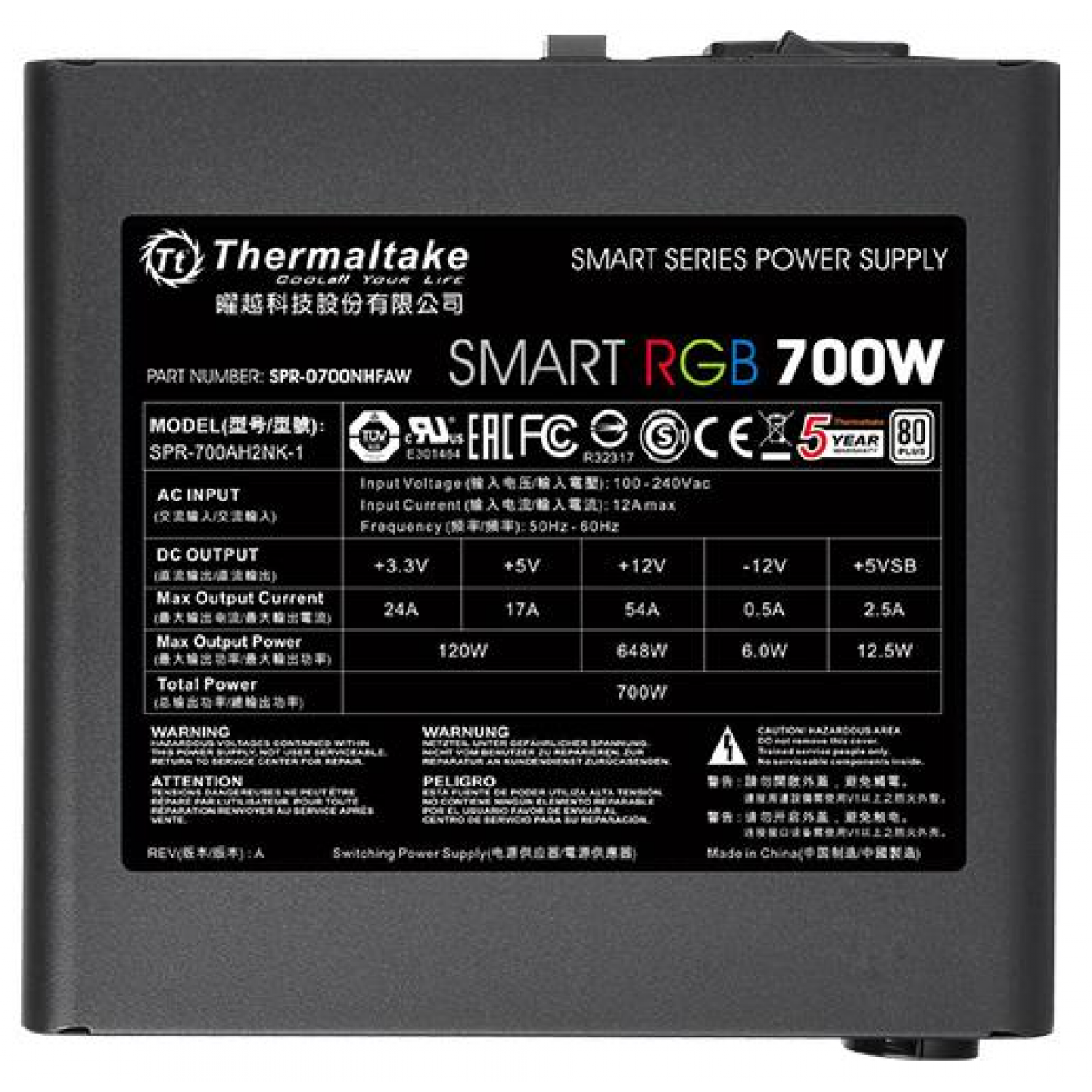 Fonte Thermaltake Smart Series RGB 700W, 80 Plus white, PFC Ativo, PS-SPR-0700NHFAWB-1