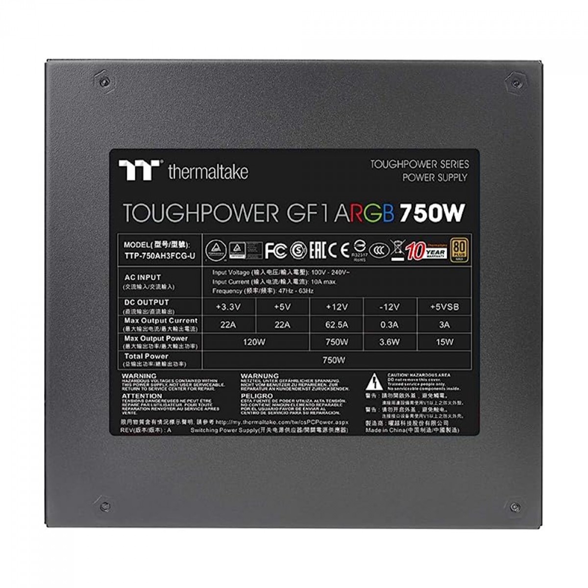 Fonte Thermaltake Toughpower GF1 ARGB, 750W, 80 Plus Gold, PFC Ativo, Full Modular, PS-TPD-0750F3FAGB-1