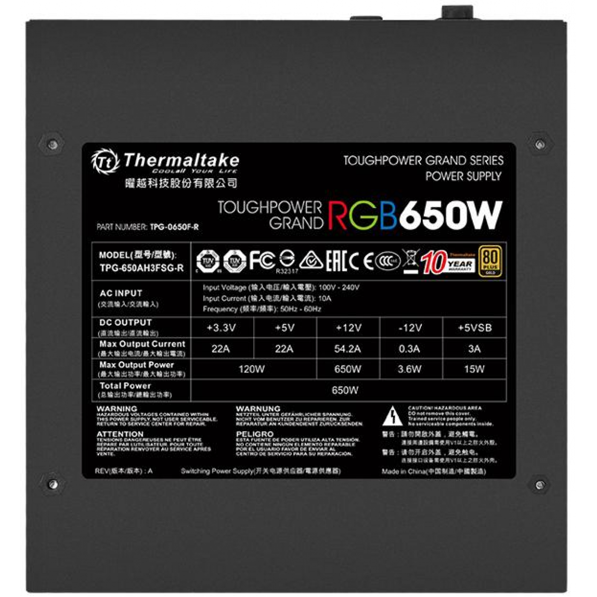 Fonte Thermaltake Toughpower Grand RGB, 650W, 80 Plus Gold, PFC Ativo, Full Modular, PS-TPG-0650FPCGUS-R