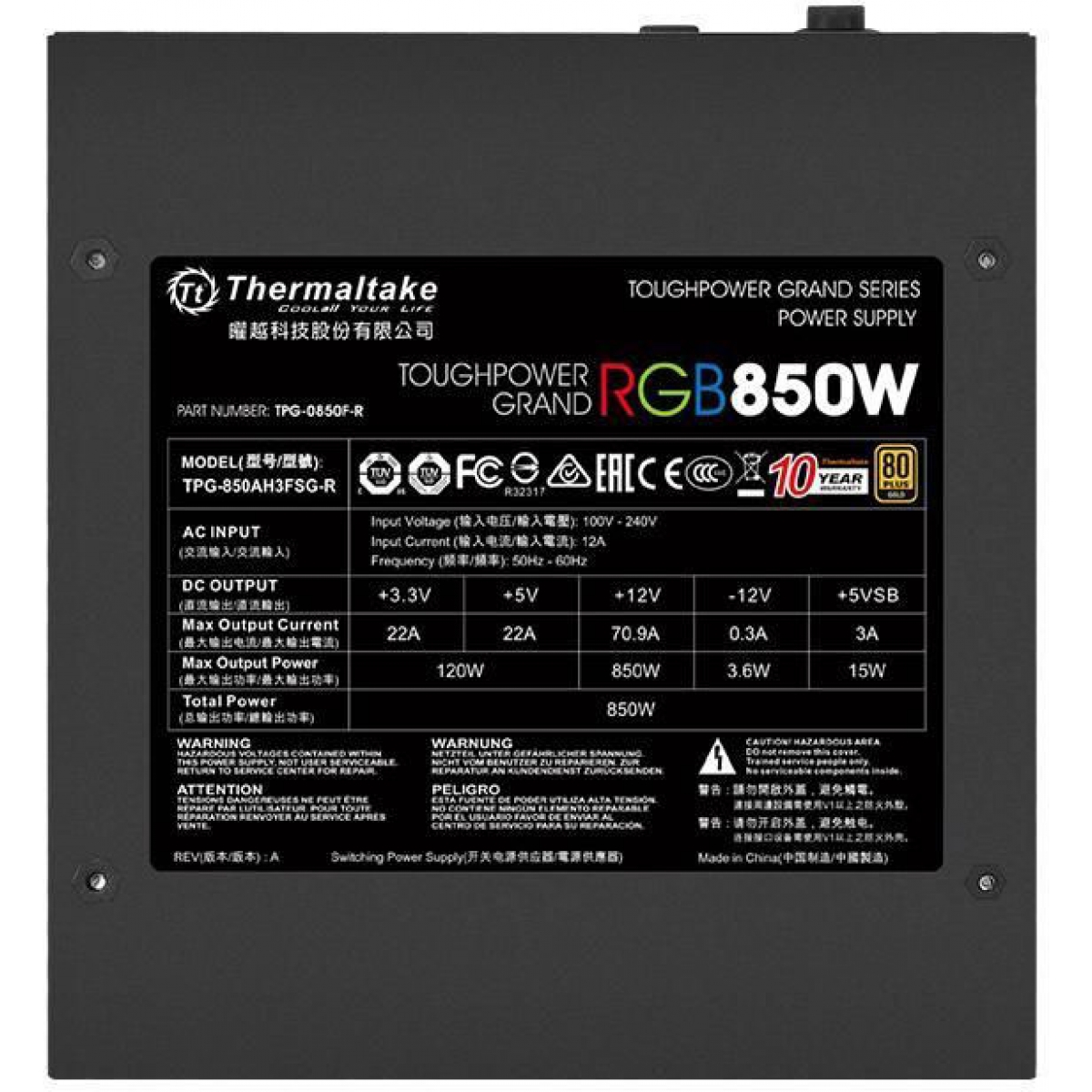 Fonte Thermaltake Toughpower Grand RGB 850W, 80 Plus Gold, PFC Ativo, Full Modular, PS-TPG-0850FPCGBZ-R