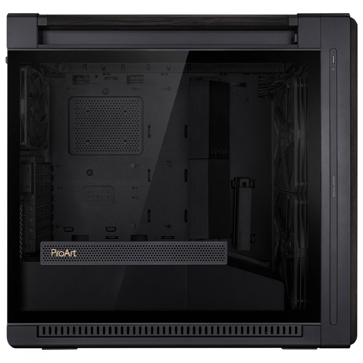 Gabinete Asus ProArt PA602 Wood Edition, Mid Tower, Vidro Temperado, E-ATX, Sem Fonte, Com 3 Fans, Preto, 90DC00J0-B00010