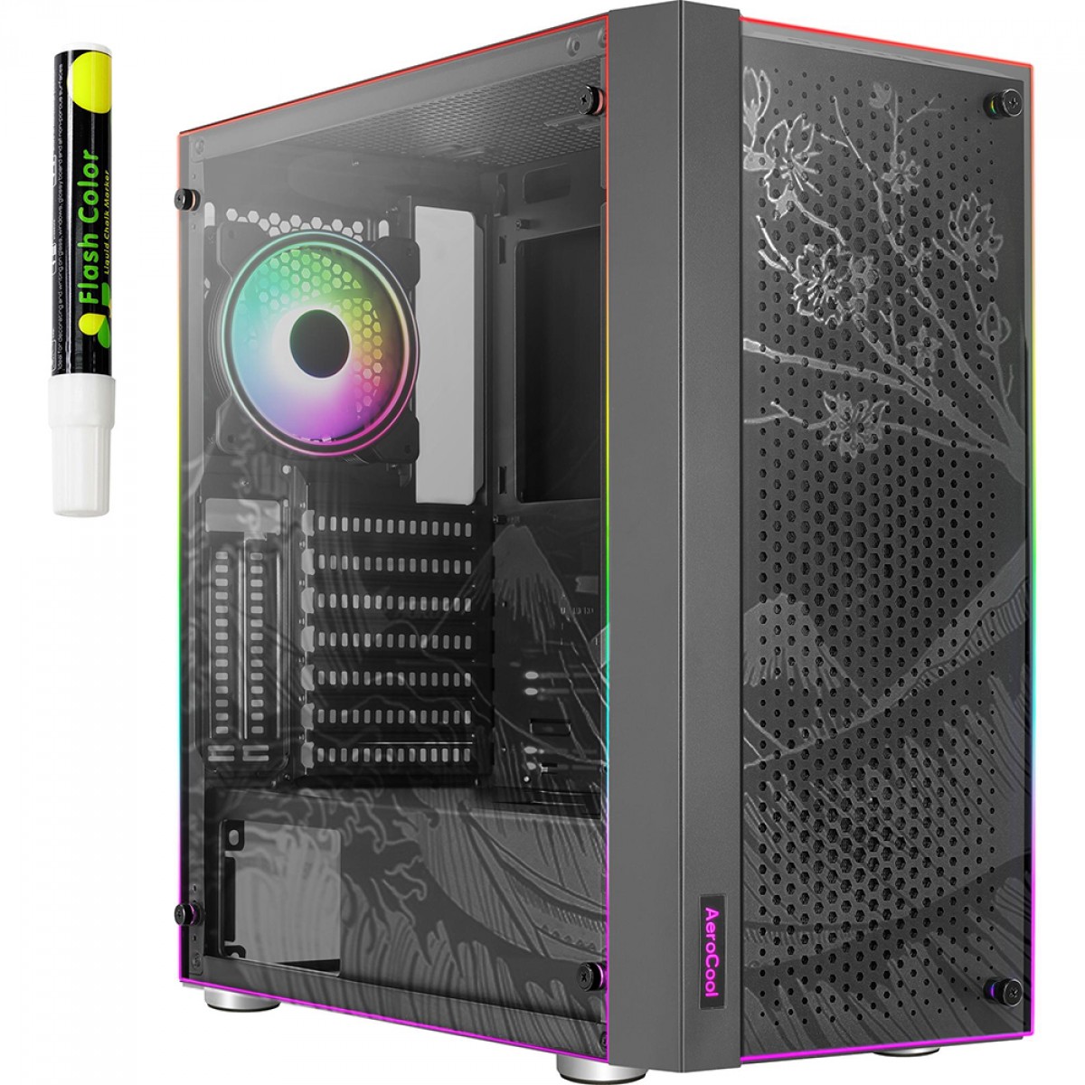 Gabinete Gamer Aerocool Skribble, RGB, Mid Tower, Vidro Temperado, Black, ATX, Sem Fonte, Com 3 Fans