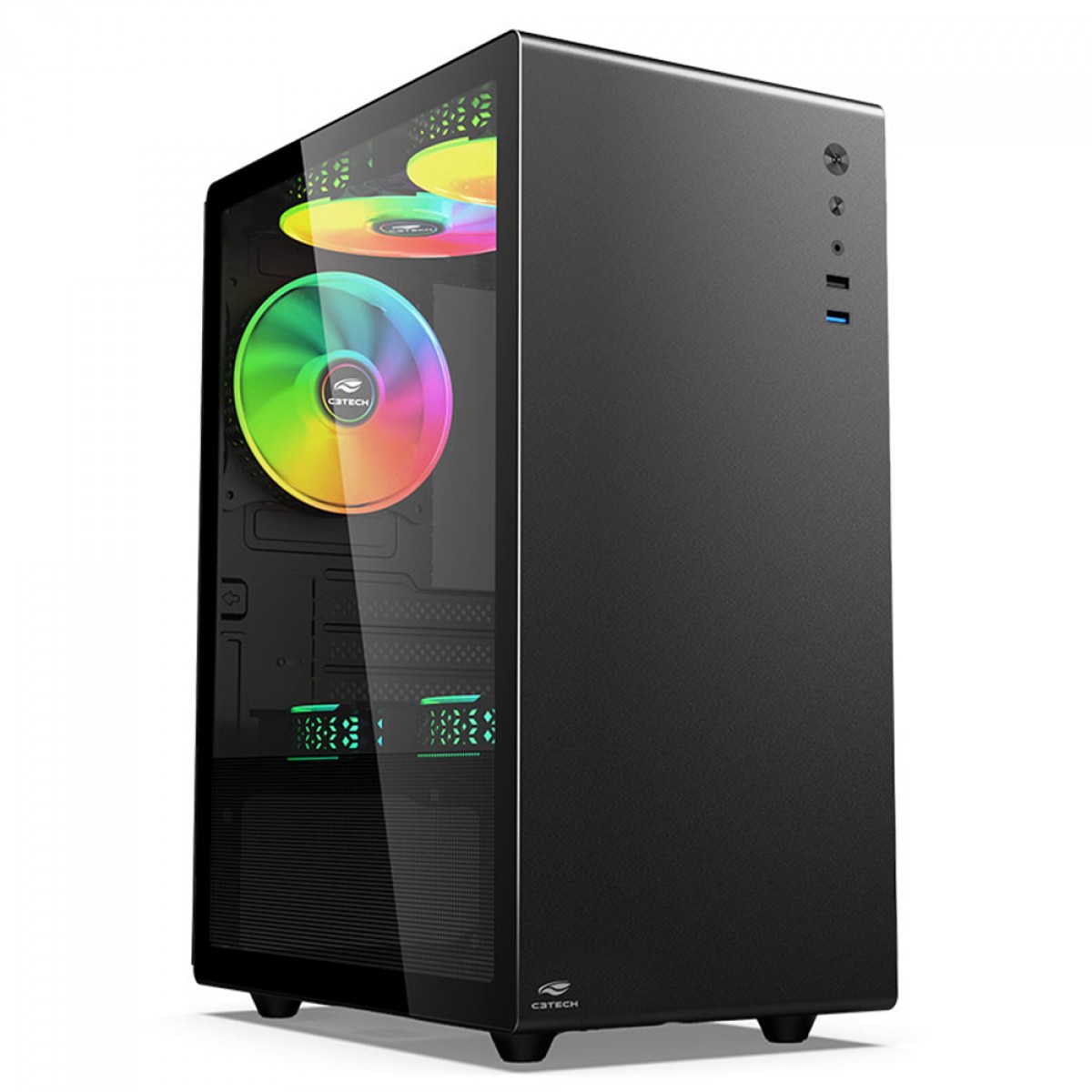 Gabinete Gamer C3Tech MT-G200BK, Mid Tower, Vidro Temperado, M-ATX, Black, Sem Fonte, Com 3 Fans
