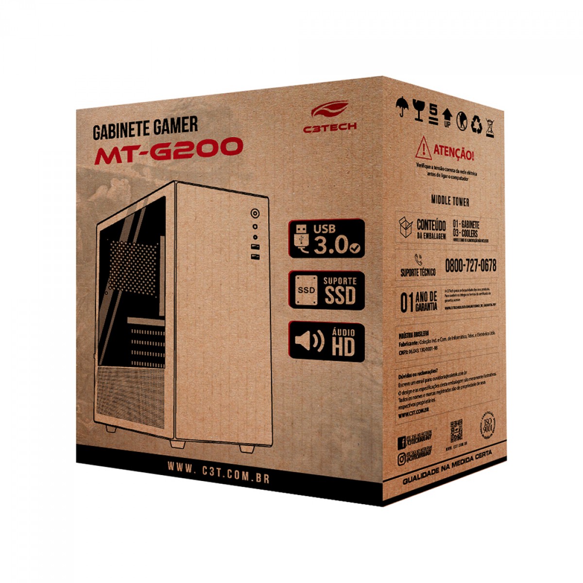 Gabinete Gamer C3Tech MT-G200BK, Mid Tower, Vidro Temperado, M-ATX, Black, Sem Fonte, Com 3 Fans