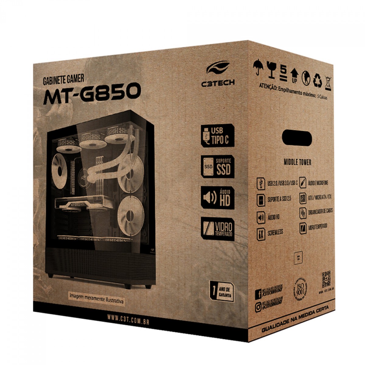 Gabinete Gamer C3Tech MT-G850BK, Mid Tower, Vidro Temperado, ATX, Preto, Sem Fonte, Sem Fan