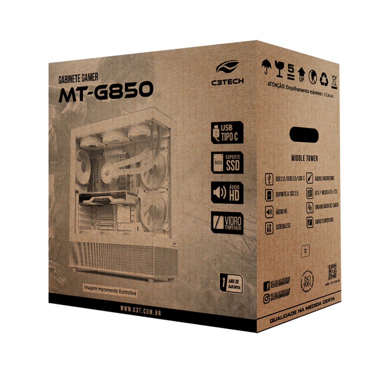 Gabinete Gamer C3Tech MT-G850WH, Mid Tower, Vidro Temperado, ATX, Branco, Sem Fonte, Sem Fan