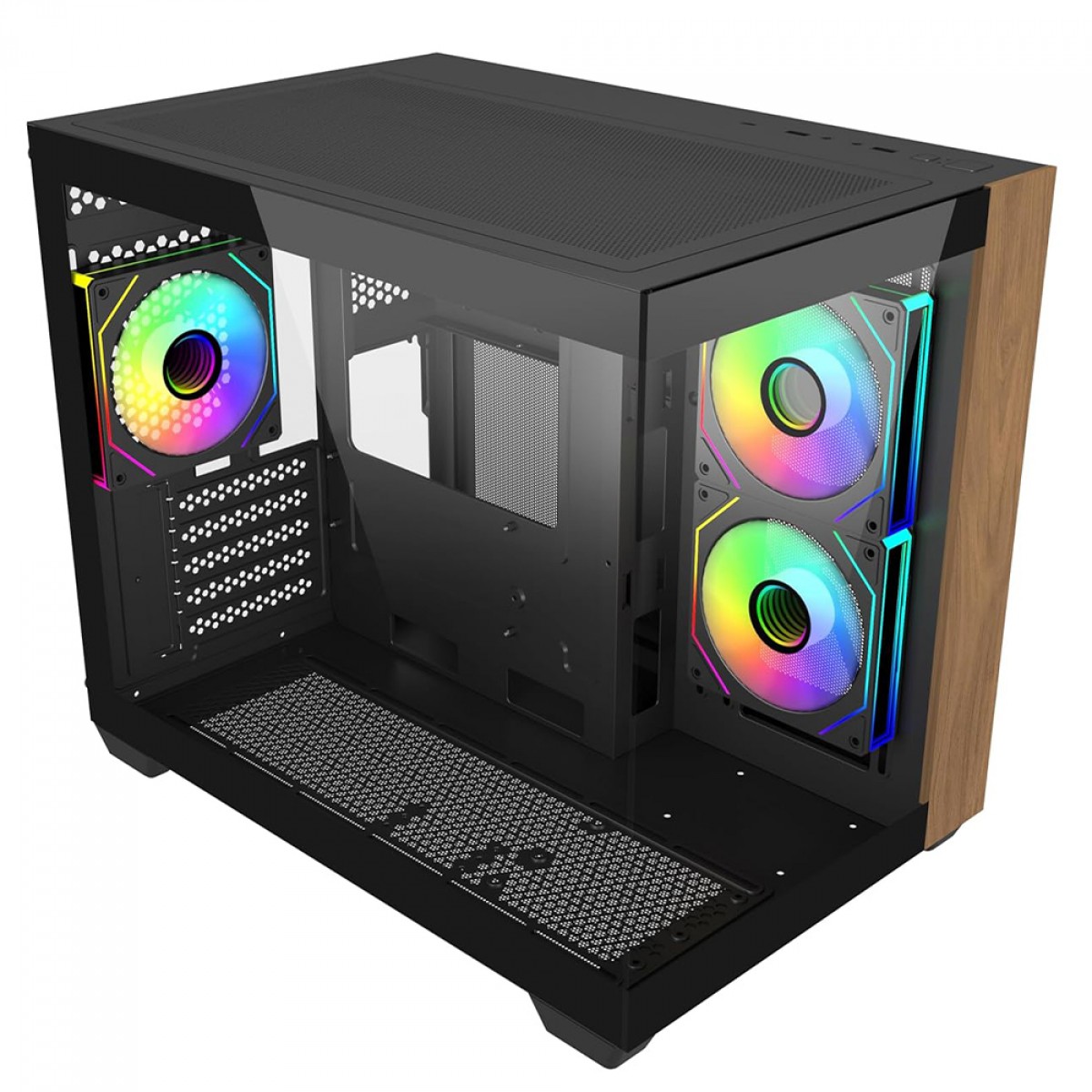 Gabinete Gamer Cooler Master Elite 481 Wood, Vidro Temperado, Mini Tower, mATX, Com 3 Fans, Preto, E481-KHNN-S00