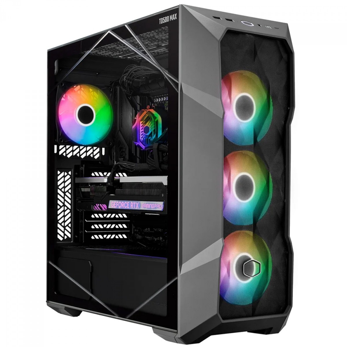 Gabinete Gamer Cooler Master TD500 Max, Mid Tower, ATX, Vidro Temperado, Com Fonte GX II 850W GOLD, Water Cooler 360 Atmos, 3 Fan, ARGB, Preto, TD500V2-MGNN85-SL0