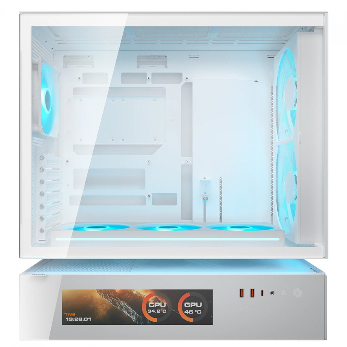 Gabinete Gamer Cougar CFV235 Mesh Vision, Mid Tower, Vidro Temperado, ATX, Sem Fonte, Tela LCD IPS, Com 6 Fans ARGB, Branco, 382DA40.0008