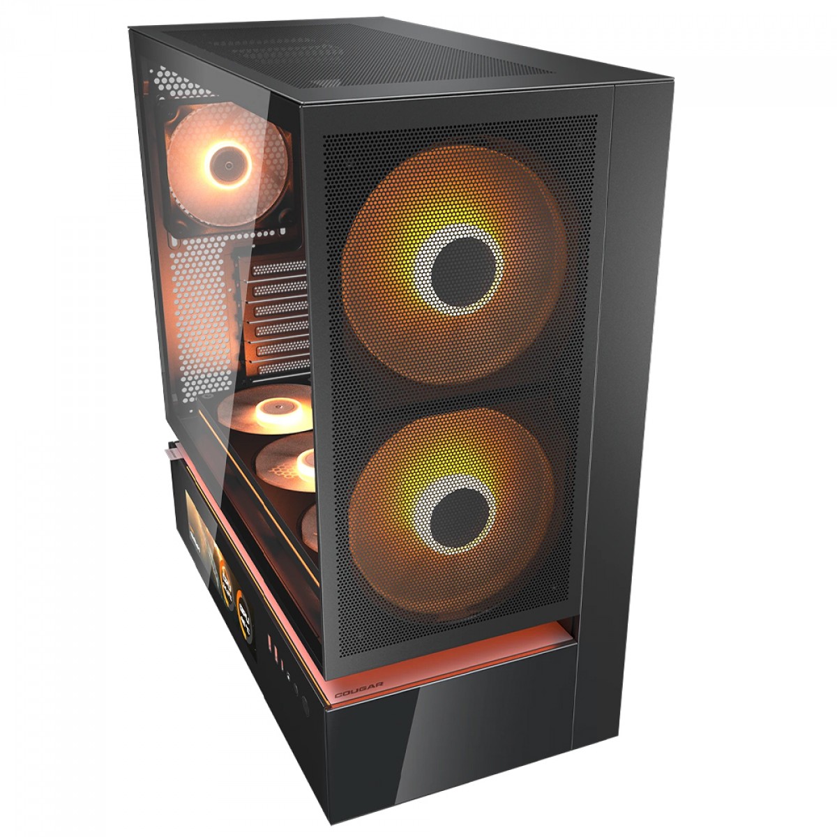 Gabinete Gamer Cougar CFV235 Mesh Vision, Mid Tower, Vidro Temperado, ATX, Sem Fonte, Tela LCD IPS, Com 6 Fans ARGB, Preto, 382DA40.0007