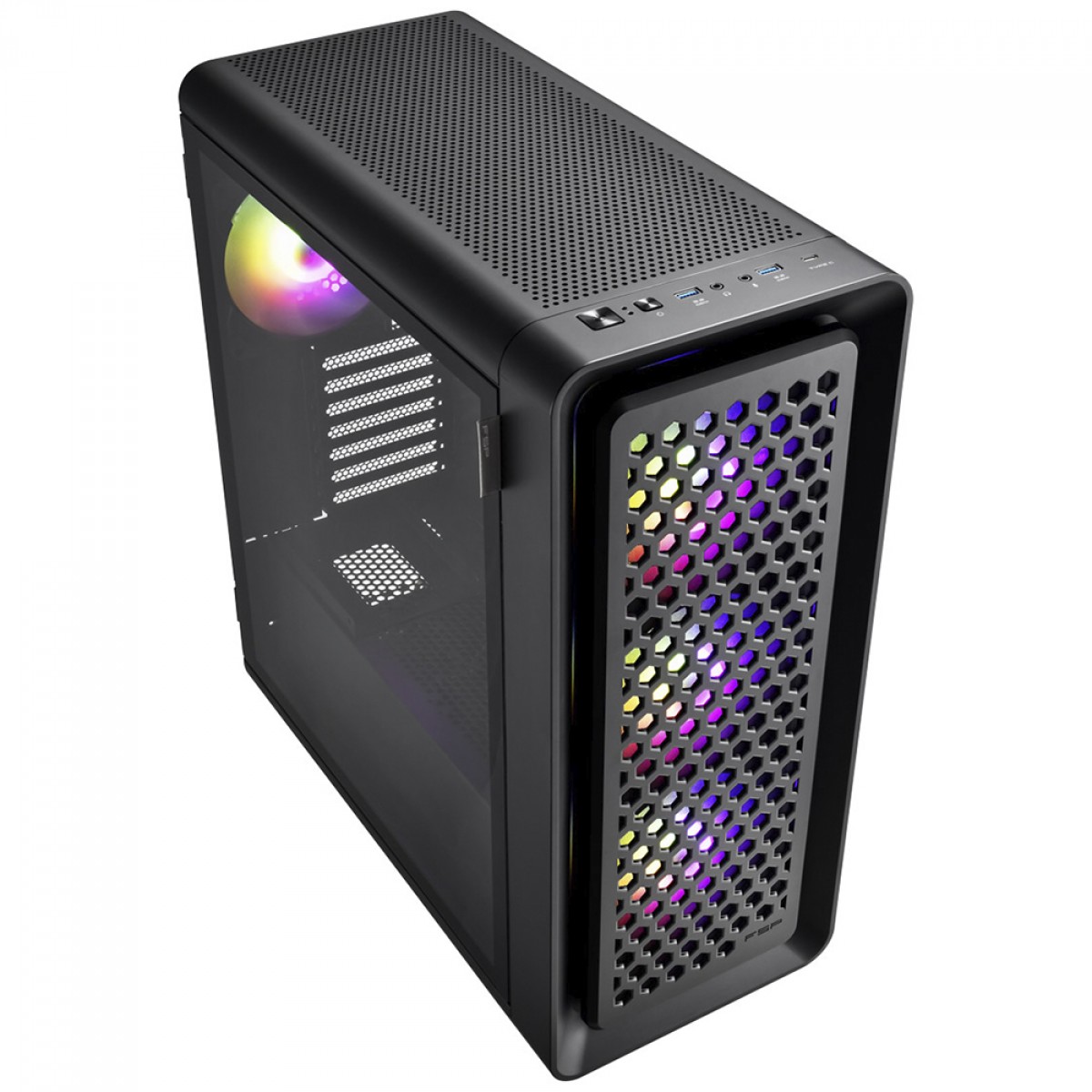 Gabinete Gamer FSP CUT593 ARGB, Full Tower, Vidro Temperado, E-ATX, Sem Fonte, Com 4 Fans, Preto
