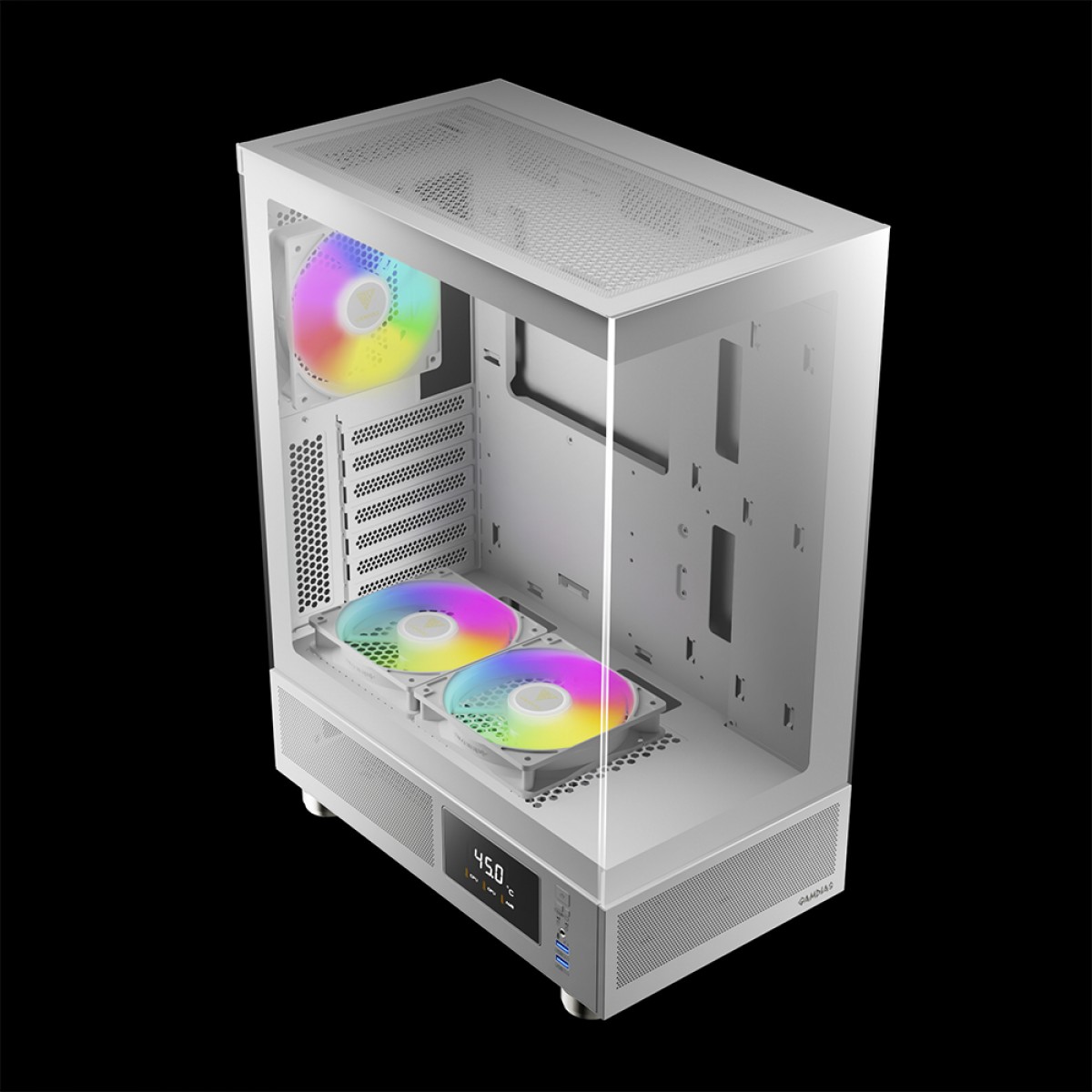 Gabinete Gamer Gamdias Atlas E1 WH, Mid Tower, Display Digital, Vidro Temperado, ATX, White, Sem Fonte, Com 3 Fans ARGB