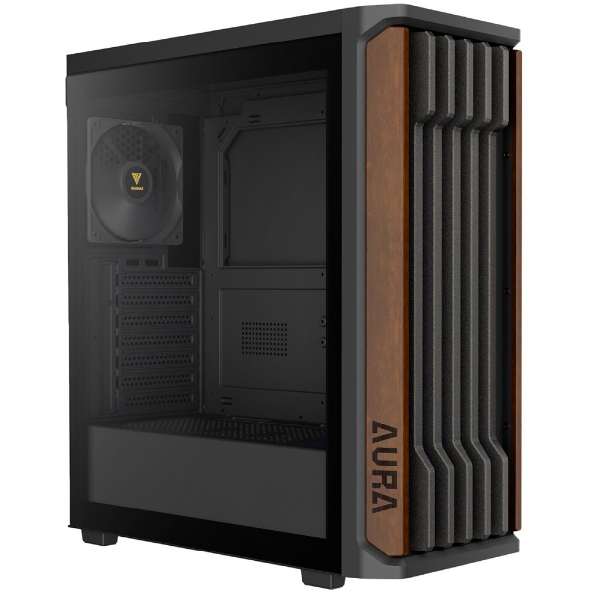 Gabinete Gamer Gamdias Aura GC11 WOOD, Mid Tower, Vidro Temperado, ATX, Sem Fonte, Madeira Nogueira, Com 4 Fans, Preto