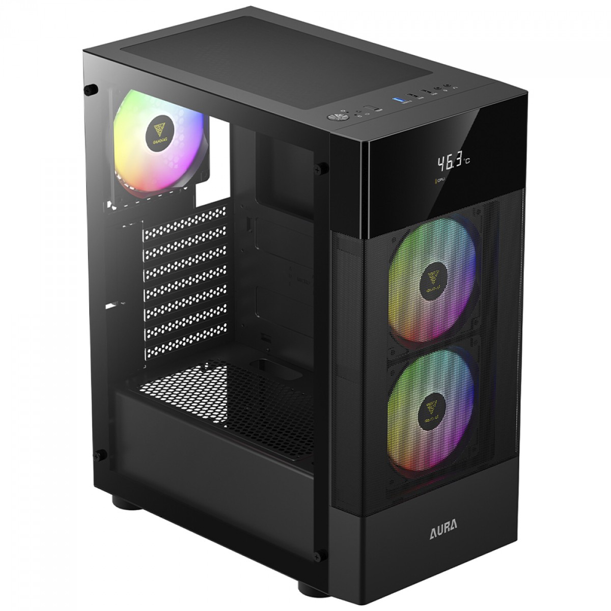 Gabinete Gamer Gamdias Aura GC5, Mid Tower, Vidro Temperado, Display Digital, ATX, Sem Fonte,Com 3 Fans ARGB, Preto
