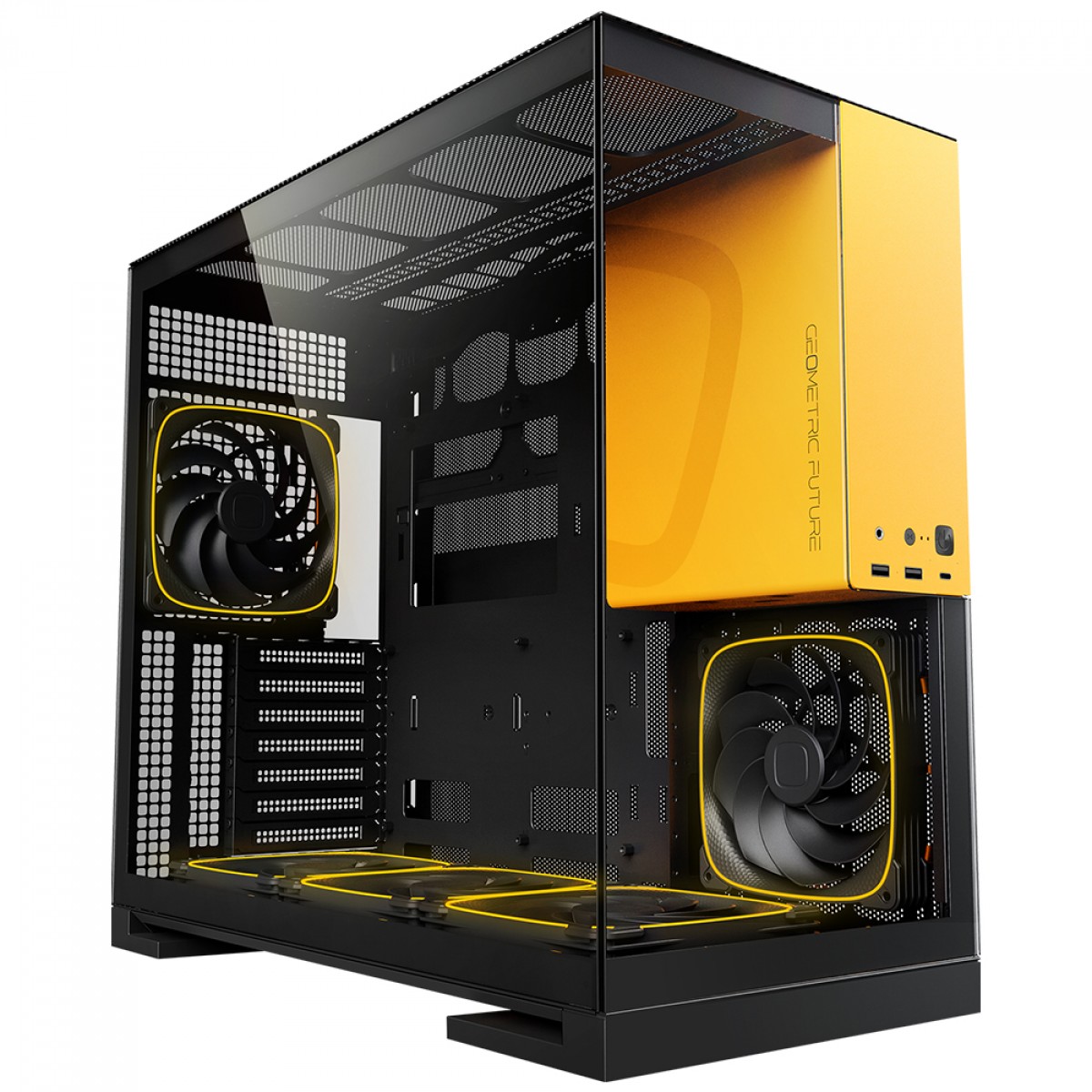 Gabinete Gamer Geometric Future Model 5, Mid Tower, Vidro Temperado, EATX, Sem Fonte, Com 5 Fans ARGB, Preto e Amarelo, GEO-M5F-BY