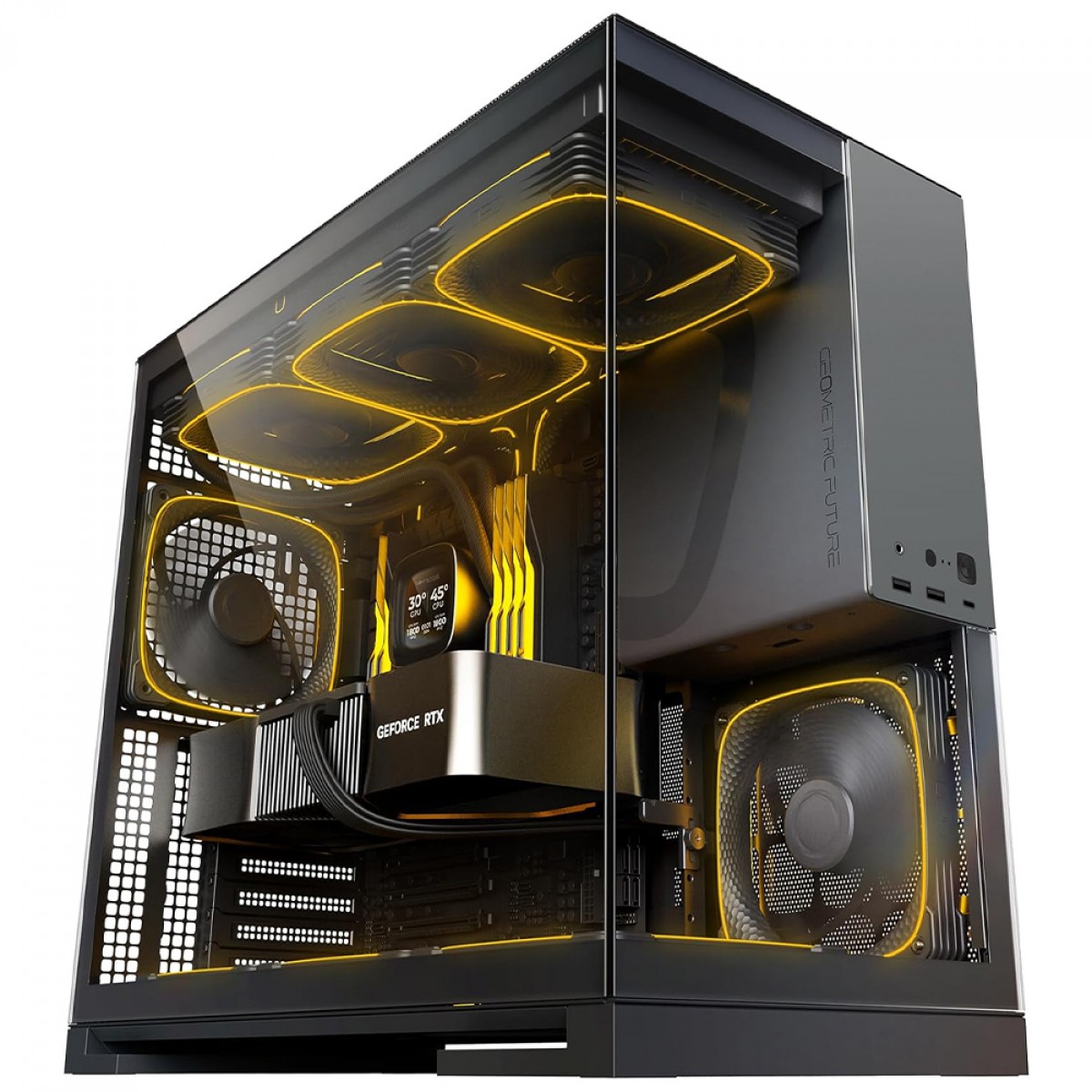 Gabinete Gamer Geometric Future Model 5, Mid Tower, Vidro Temperado, EATX, Sem Fonte, Com 5 Fans ARGB, Preto e Cinza, GEO-M5F-BG