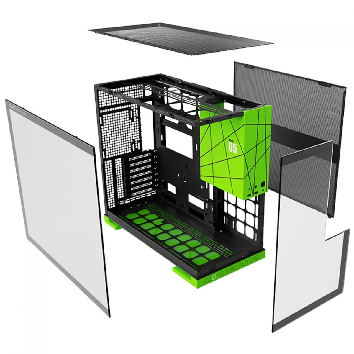 Gabinete Gamer Geometric Future Model 5 NVIDIA Style Edition, Mid Tower, Vidro Temperado, EATX, Sem Fonte, Com 5 Fans ARGB, Preto e Verde, GEO-M5F-BNV