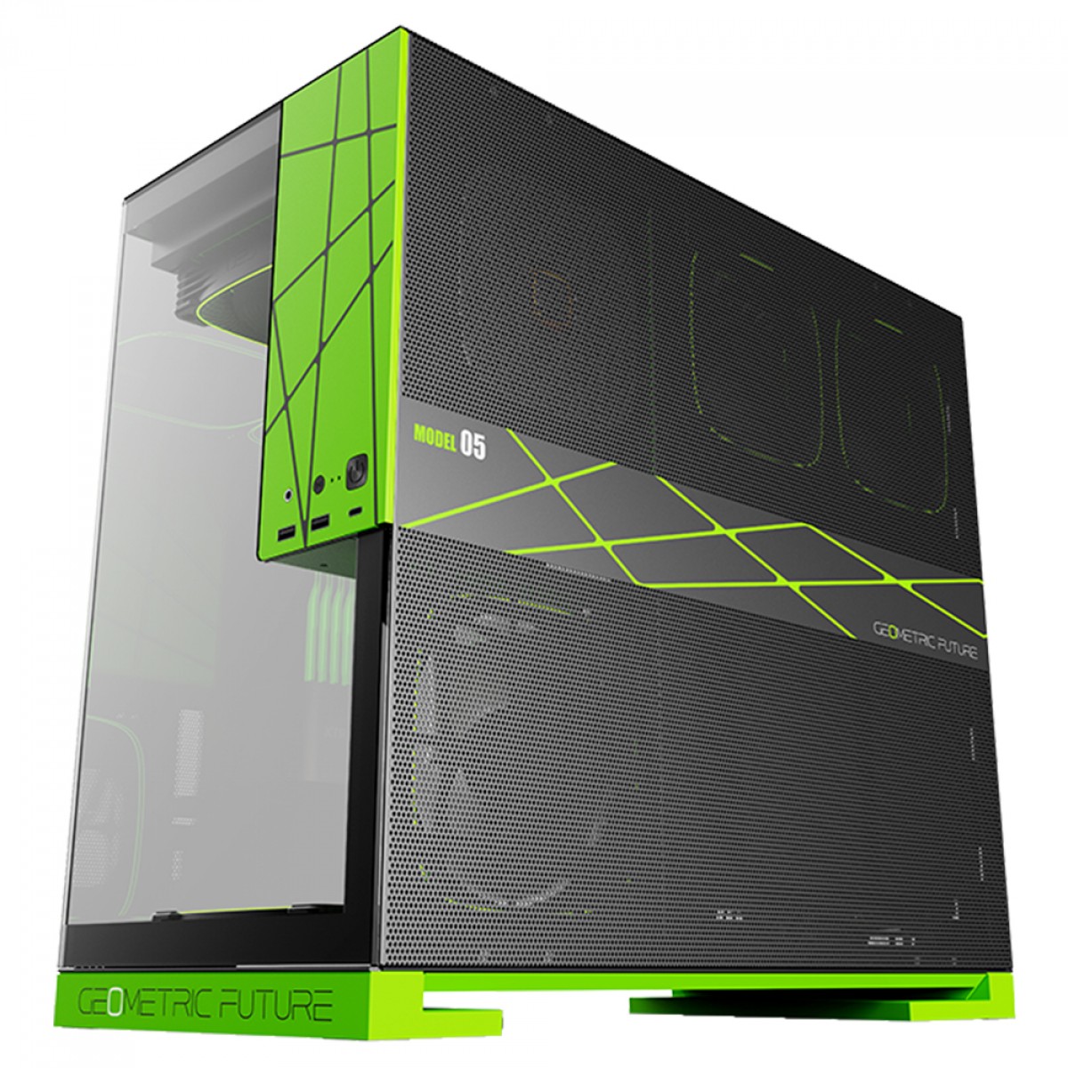 Gabinete Gamer Geometric Future Model 5 NVIDIA Style Edition, Mid Tower, Vidro Temperado, EATX, Sem Fonte, Com 5 Fans ARGB, Preto e Verde, GEO-M5F-BNV