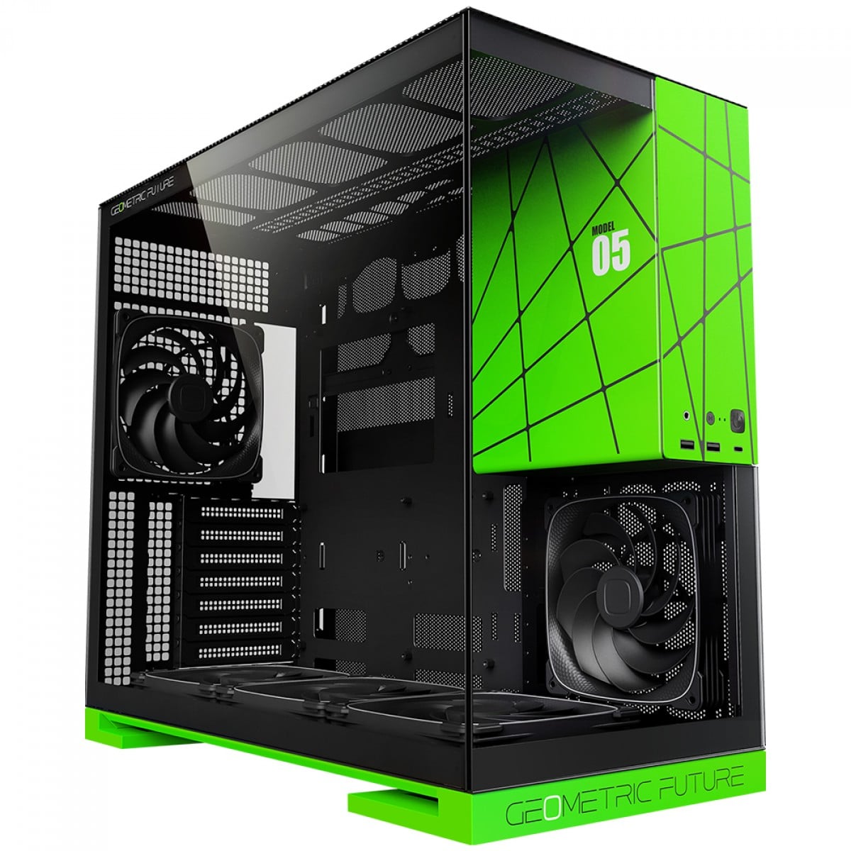 Gabinete Gamer Geometric Future Model 5 NVIDIA Style Edition, Mid Tower, Vidro Temperado, EATX, Sem Fonte, Com 5 Fans ARGB, Preto e Verde, GEO-M5F-BNV