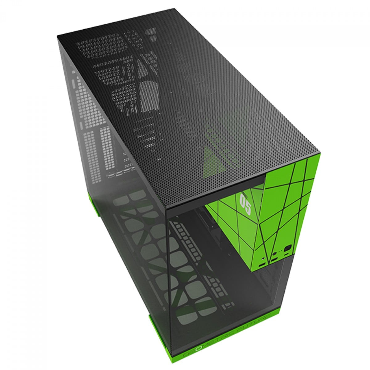 Gabinete Gamer Geometric Future Model 5 NVIDIA Style Edition, Mid Tower, Vidro Temperado, EATX, Sem Fonte, Com 5 Fans ARGB, Preto e Verde, GEO-M5F-BNV