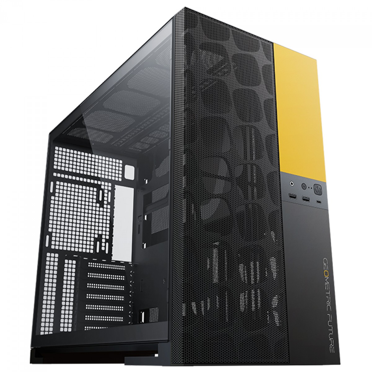 Gabinete Gamer Geometric Future Model 5 Vent, Mid Tower, Vidro Temperado, EATX, Sem Fonte, Com 5 Fans ARGB, Preto e Amarelo, GEO-M5VF-BY