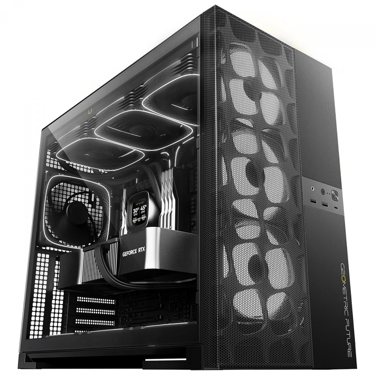 Gabinete Gamer Geometric Future Model 5 Vent, Mid Tower, Vidro Temperado, EATX, Sem Fonte, Com 5 Fans ARGB, Preto, GEO-M5VF-B