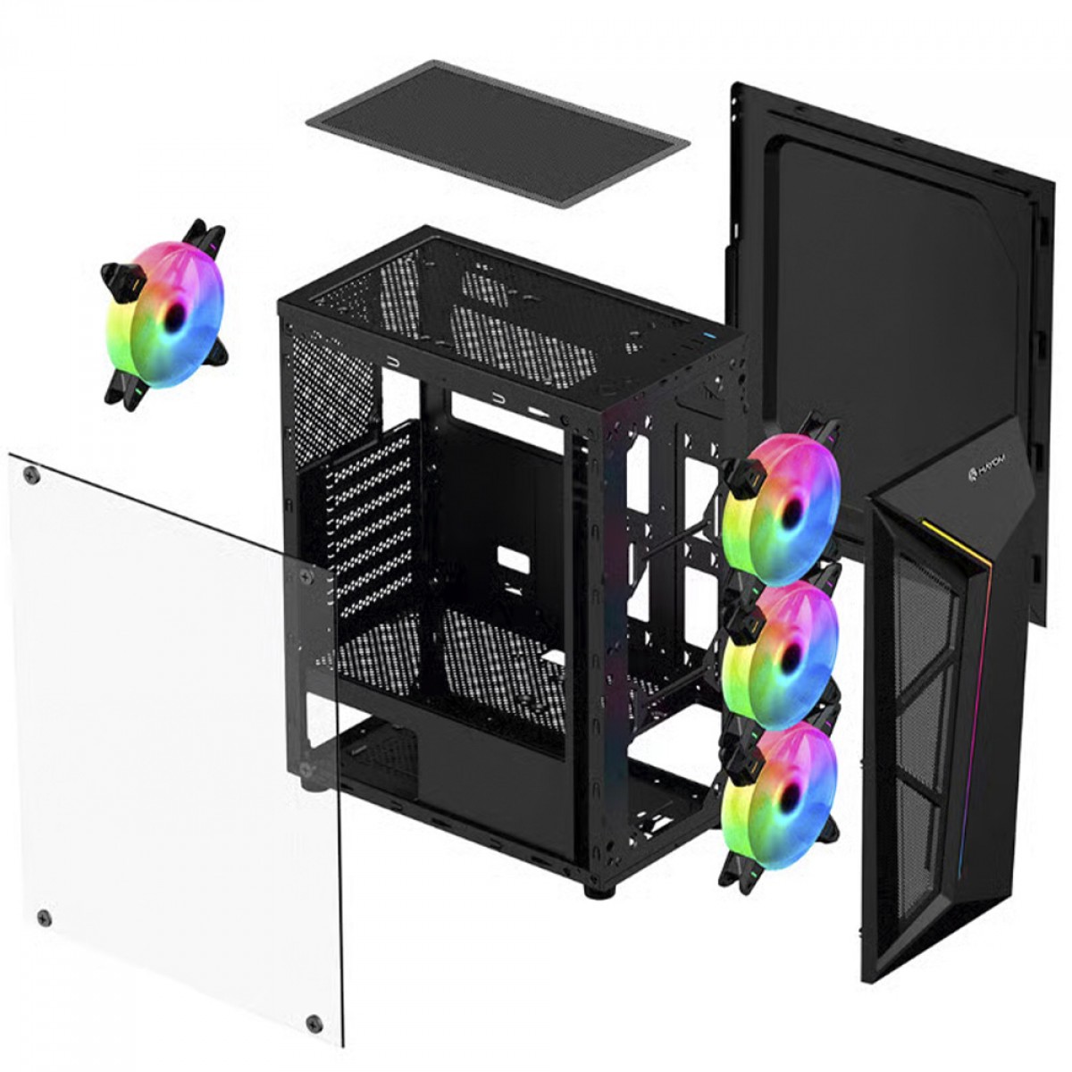 Gabinete Gamer Hayom GB1713, Mid Tower, Vidro Temperado, ATX, Sem Fonte, Com 4 Fans, Preto