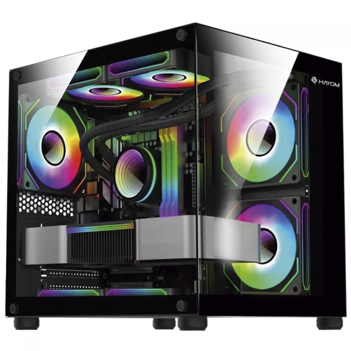 Gabinete Gamer Hayom GB1796, Aquario, Mini Tower, Vidro Temperado, m-ATX, Sem Fonte, Com 4 Fans, Preto