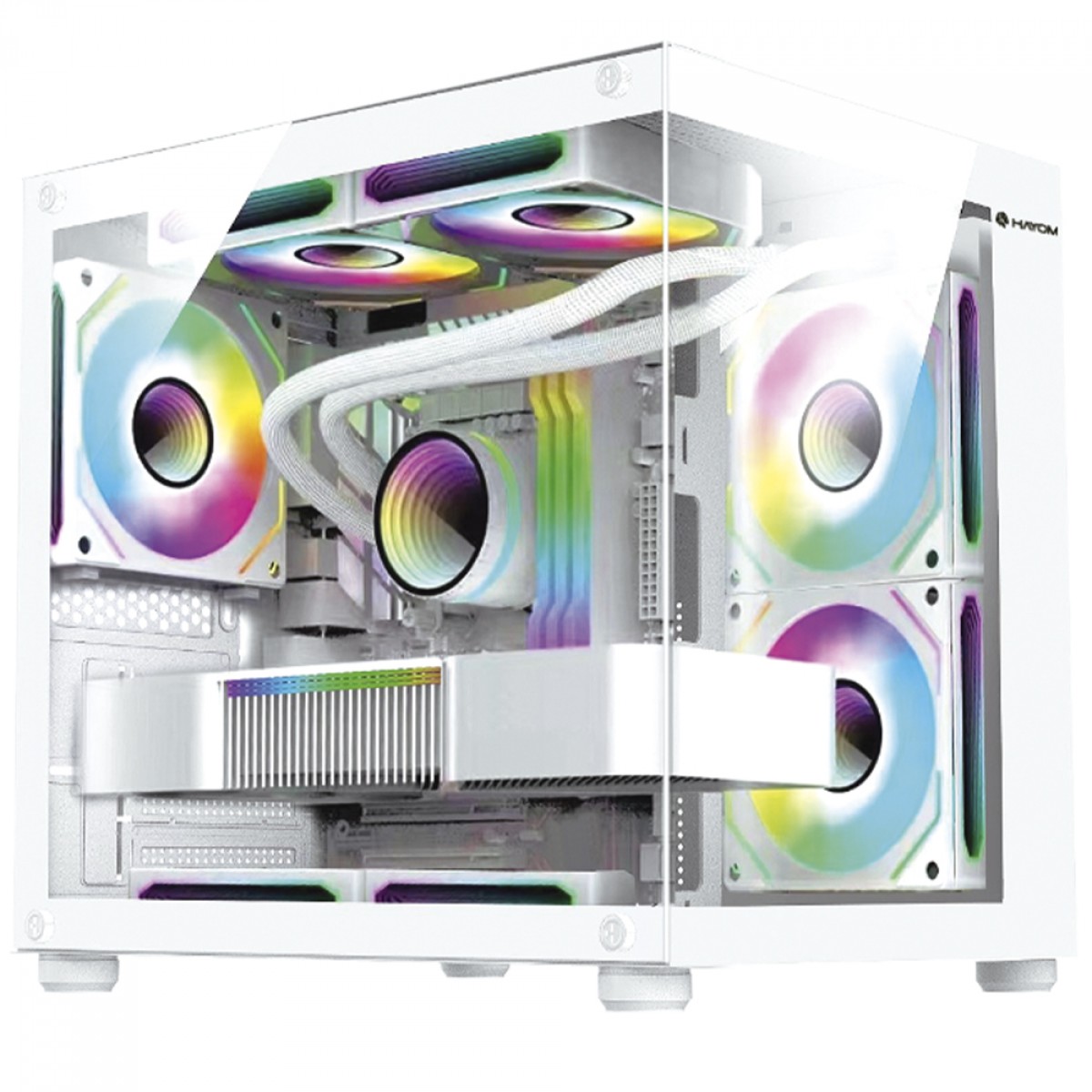 Gabinete Gamer Hayom GB1797, Aquario, Mini Tower, Vidro Temperado, m-ATX, Sem Fonte, Com 4 Fans, Branco