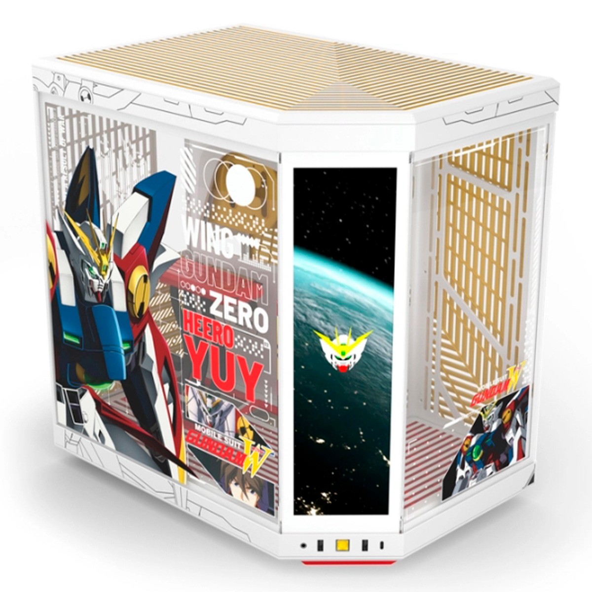 Gabinete Gamer Hyte Y70 Touch Infinite GUNDAM Wing, Com Display Touch, Mid Tower, Vidro Temperado, EATX, Sem Fans, Branco e Amarelo, CS-HYTE-Y70TTI-GWING