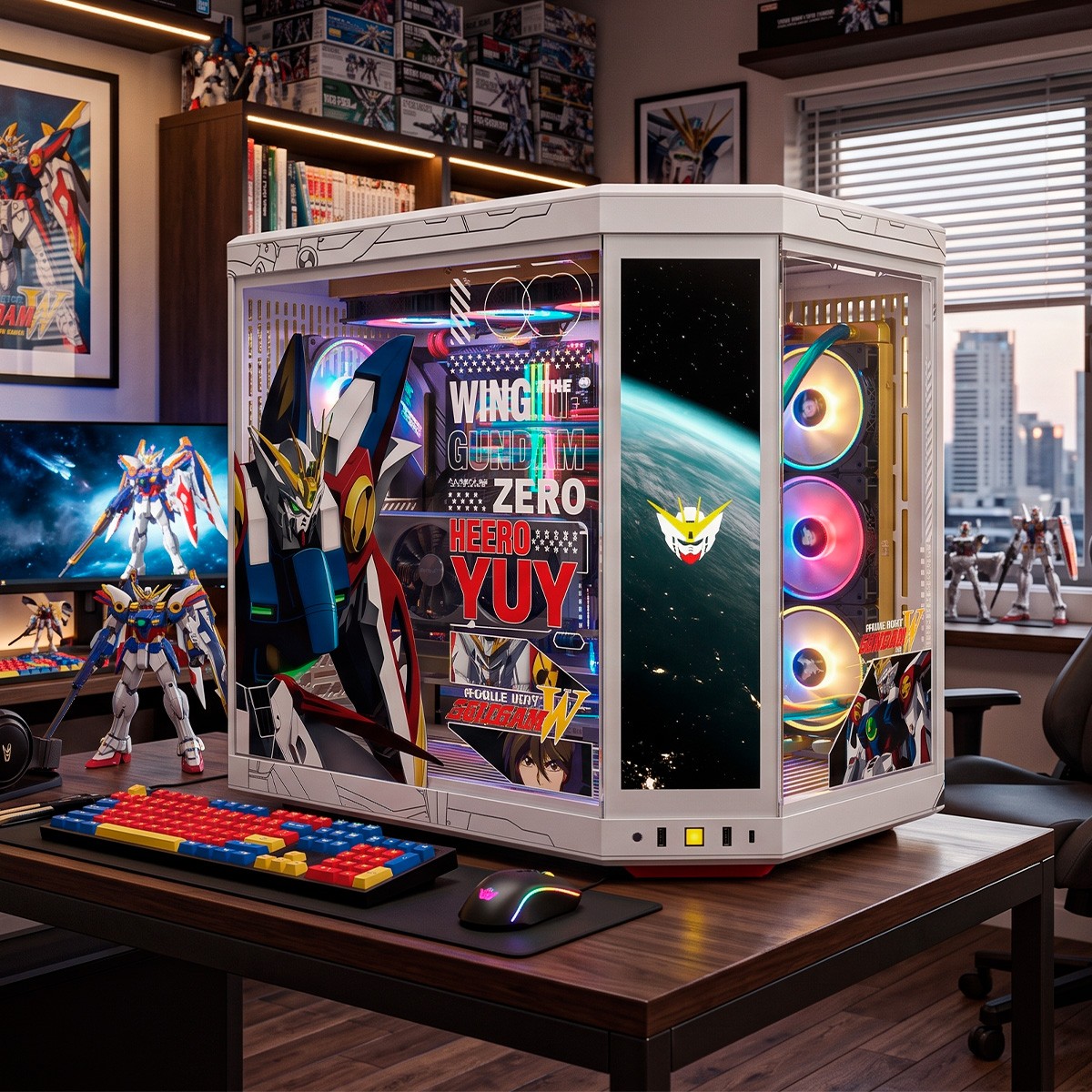 Gabinete Gamer Hyte Y70 Touch Infinite GUNDAM Wing, Com Display Touch, Mid Tower, Vidro Temperado, EATX, Sem Fans, Branco e Amarelo, CS-HYTE-Y70TTI-GWING