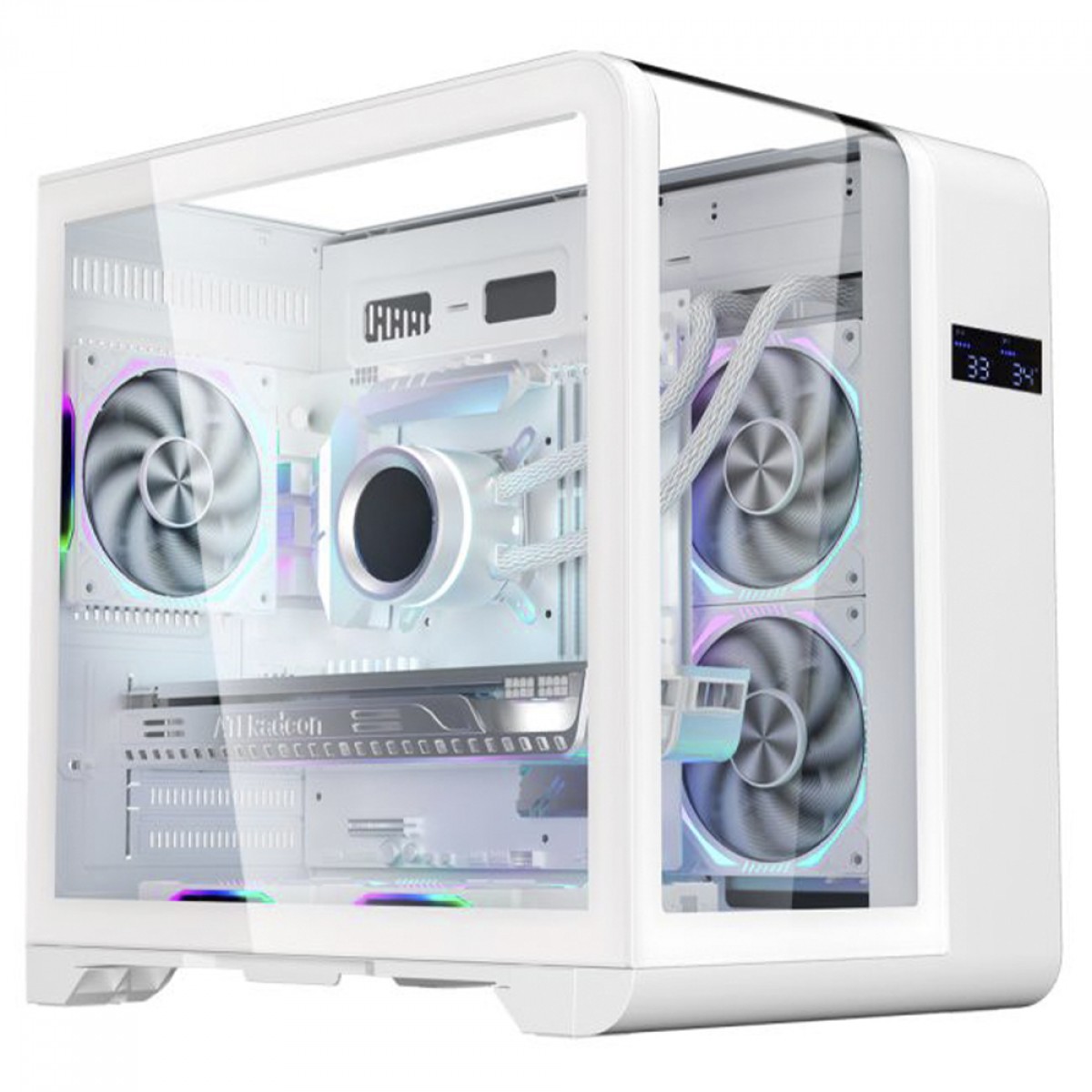 Gabinete Gamer K-MEX Cyberpunk White CG-W8KI, Mid Tower, Vidro Temperado, m-ATX, Com Display Digital, Sem Fan, Branco, CGW8KIRH002CB0X