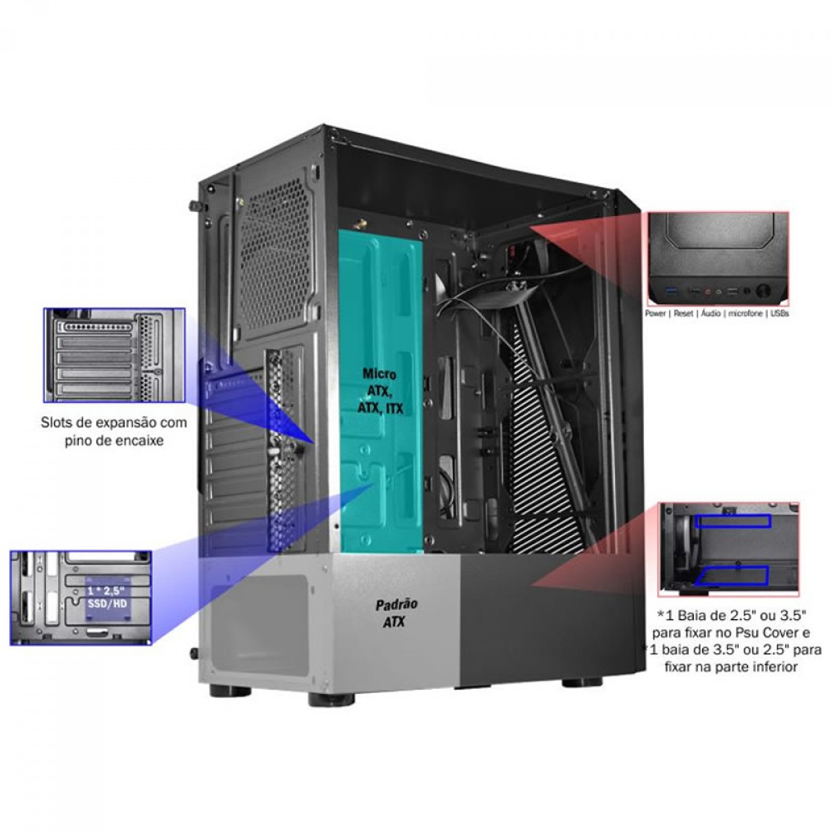 Gabinete Gamer K-MEX Demon I, RGB, Mid Tower, Lateral em Vidro, ATX, Sem Fonte, Sem Fan, Preto, CG02W5RH001CB0X