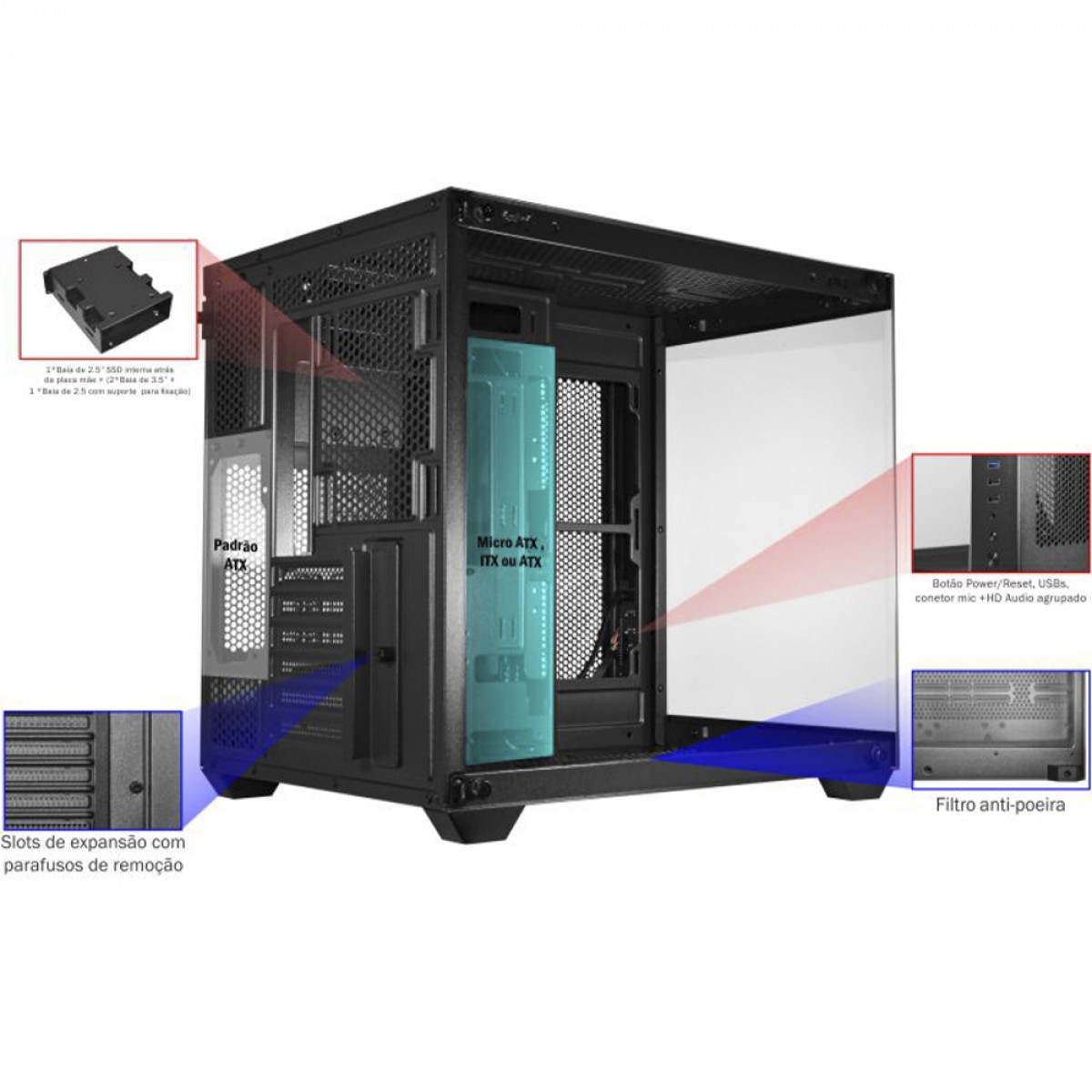 Gabinete Gamer K-MEX Hammerhead Shark, Mid Tower, Vidro Temperado, ATX, Black, Sem Fonte, Sem Fan, CGSYH6RH001CB0X