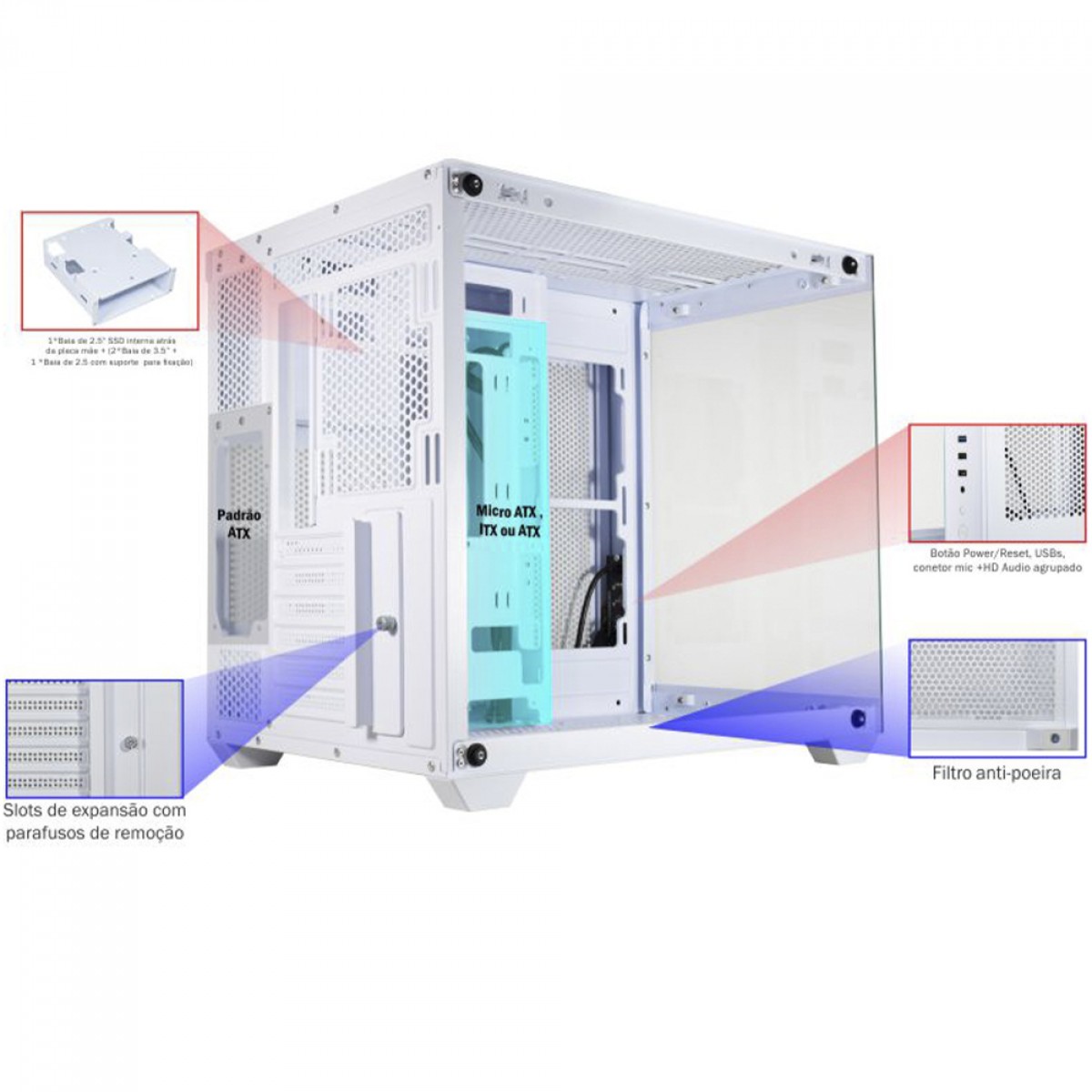 Gabinete Gamer K-MEX Hammerhead Shark, Mid Tower, Vidro Temperado, ATX, White, Sem Fonte, Sem Fan, CGWYH6RH002CB0X